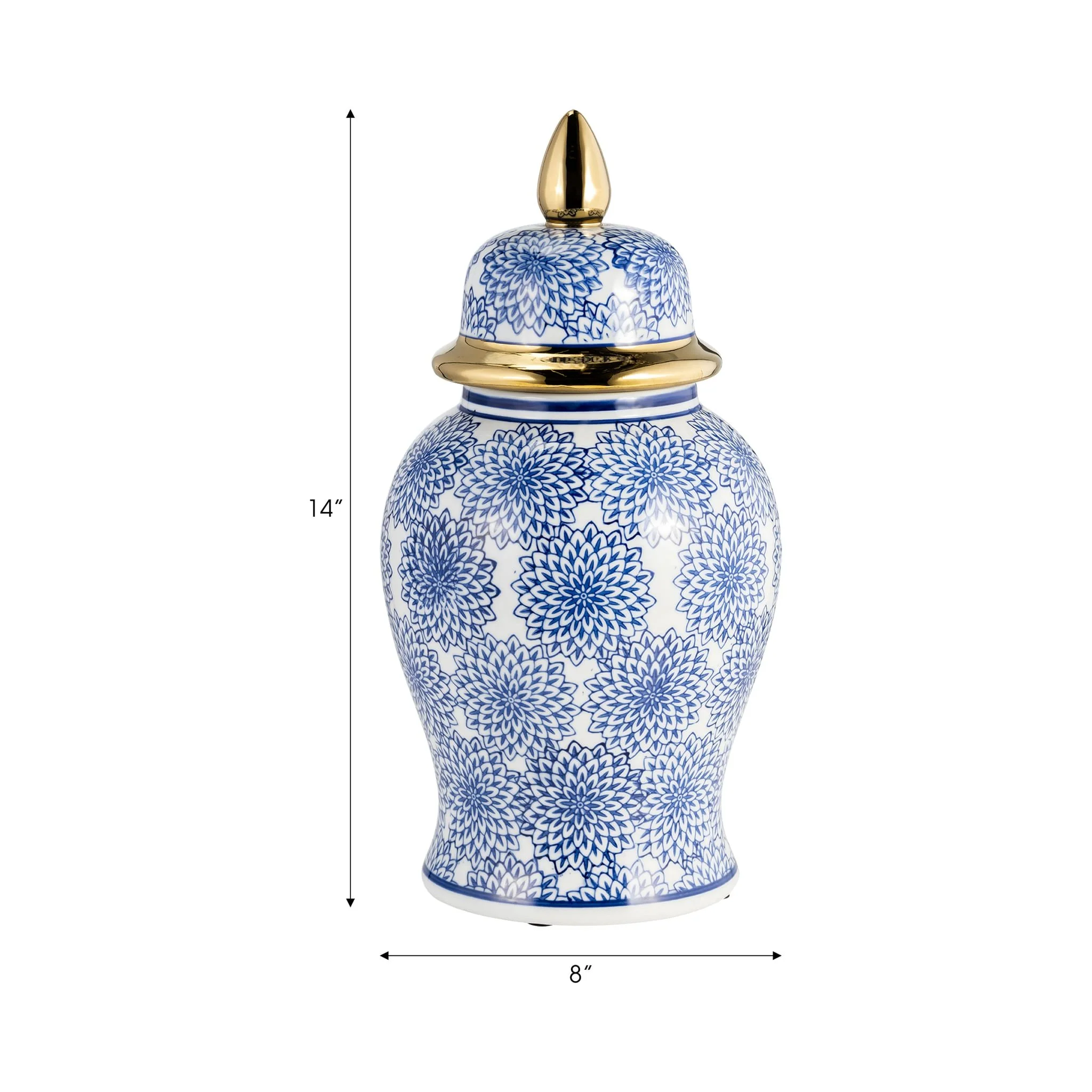 14" Temple Jar W/dalhia Flower,blue & White - Image 6