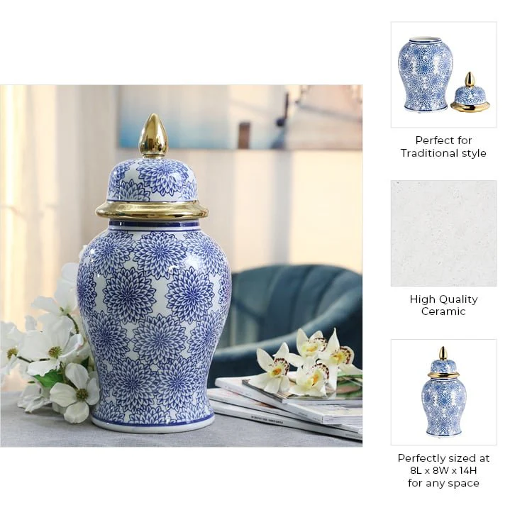 14" Temple Jar W/dalhia Flower,blue & White - Image 7