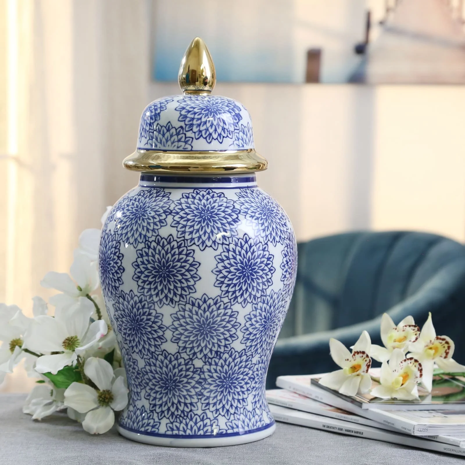 14" Temple Jar W/dalhia Flower,blue & White - Image 8