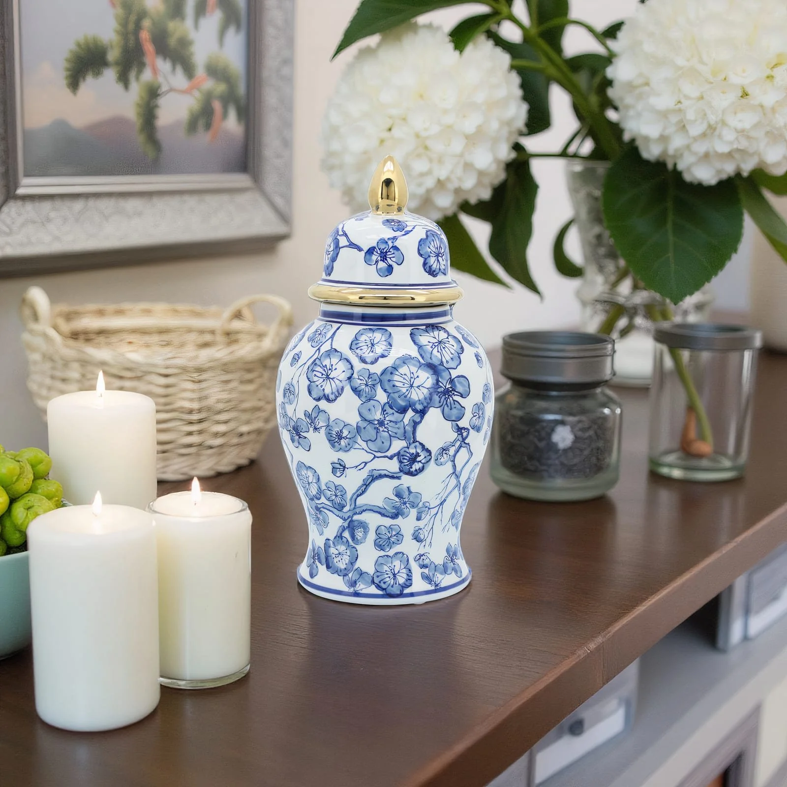 14" Temple Jar W/ Hibiscus, Blue & White - Image 10