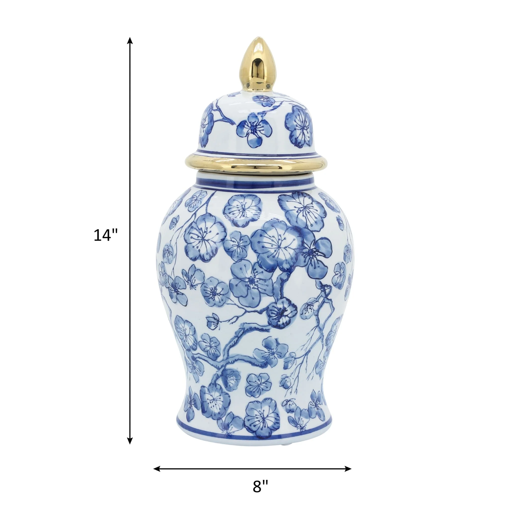 14" Temple Jar W/ Hibiscus, Blue & White - Image 7