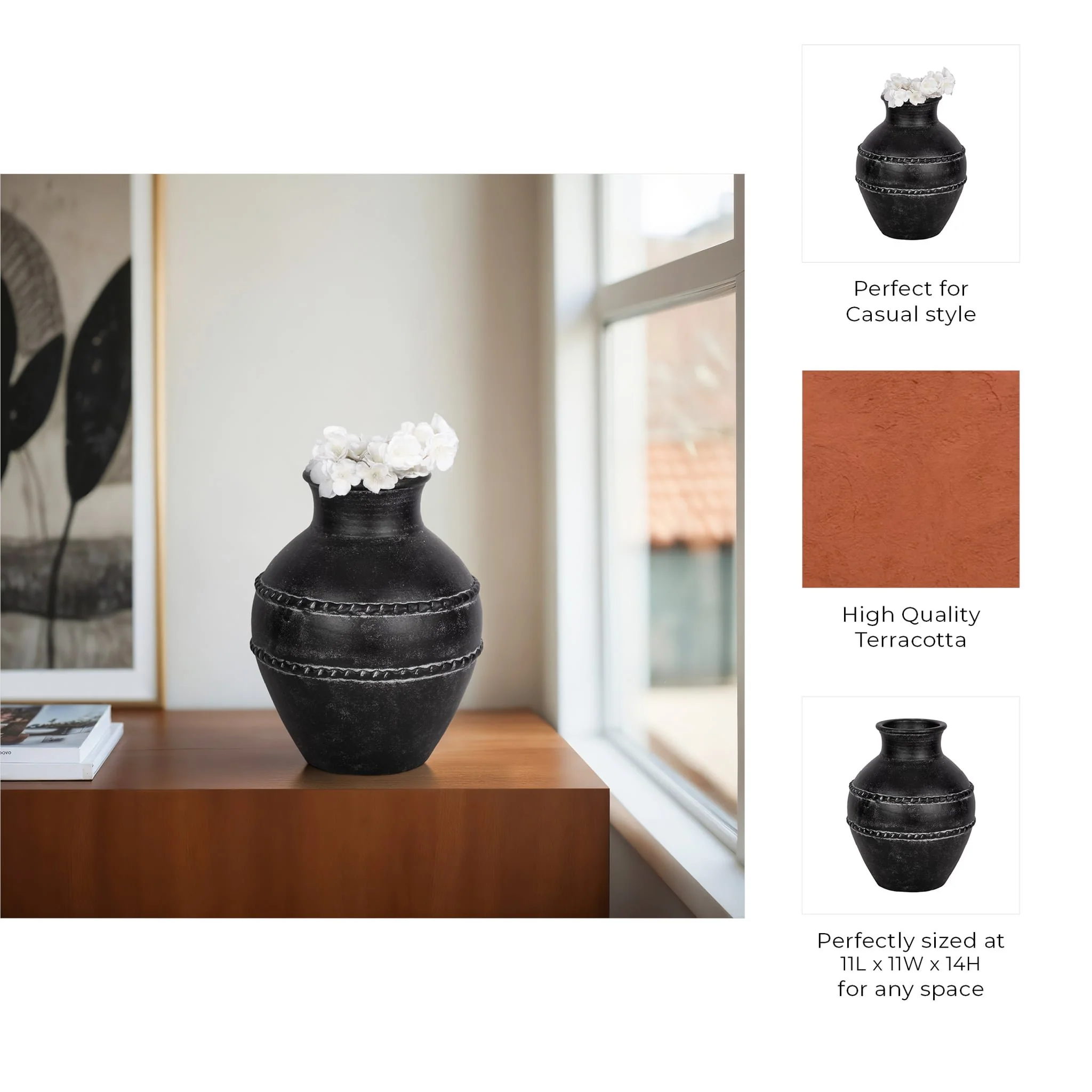 14" Traditional Terracotta Vase, Black - Image 9