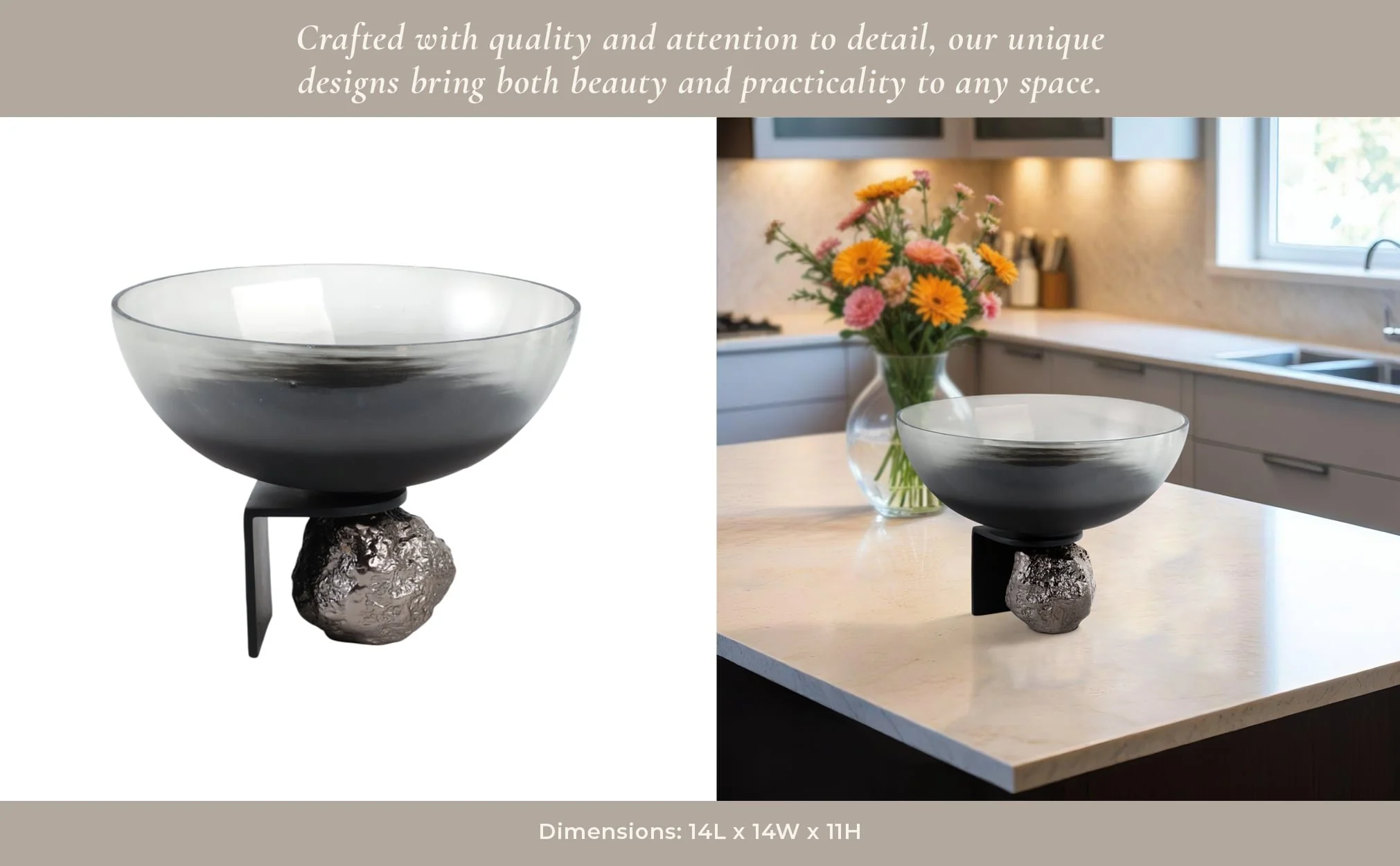 14x11" Glass Bowl On Rock Pedestal, Black/silver - Image 11