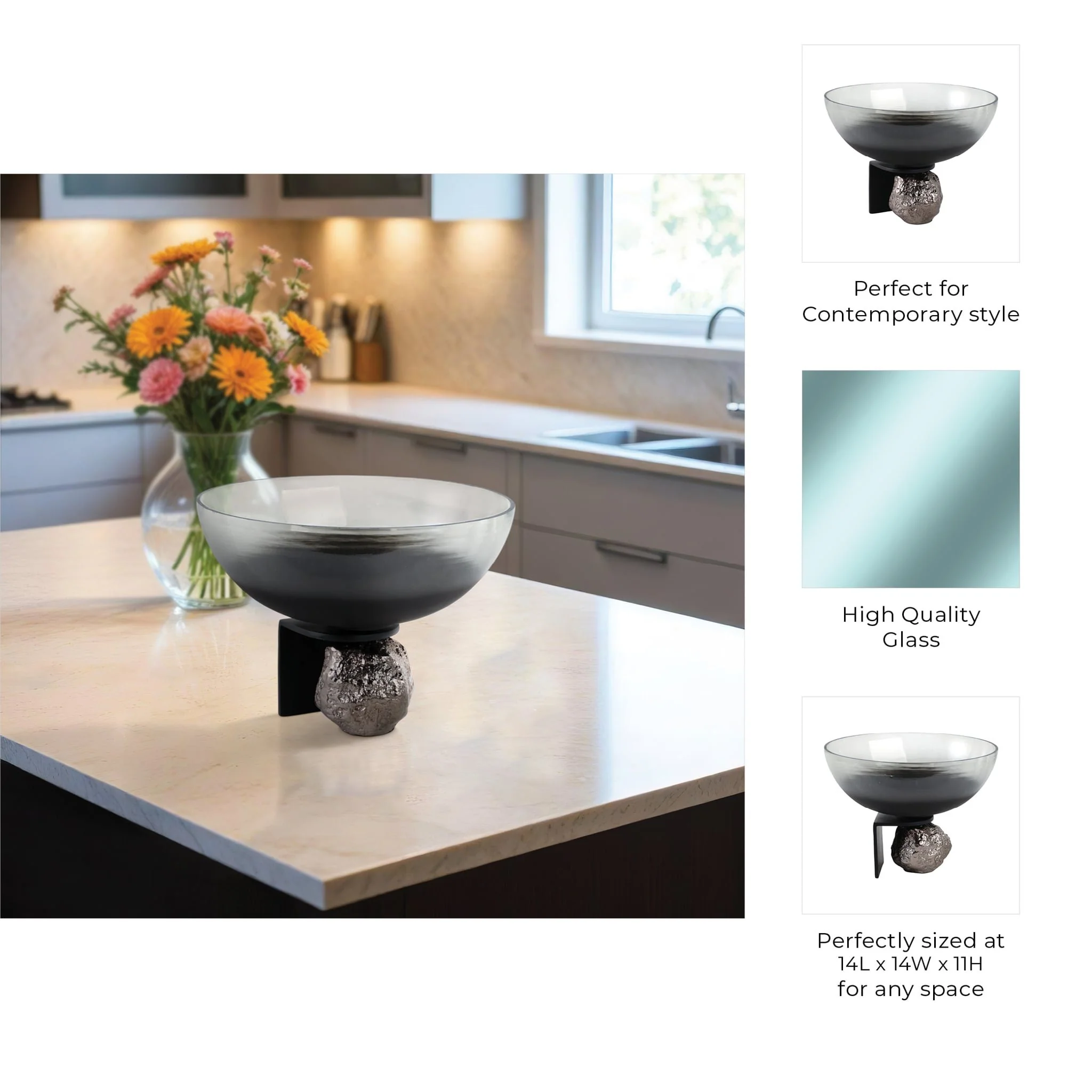 14x11" Glass Bowl On Rock Pedestal, Black/silver - Image 9