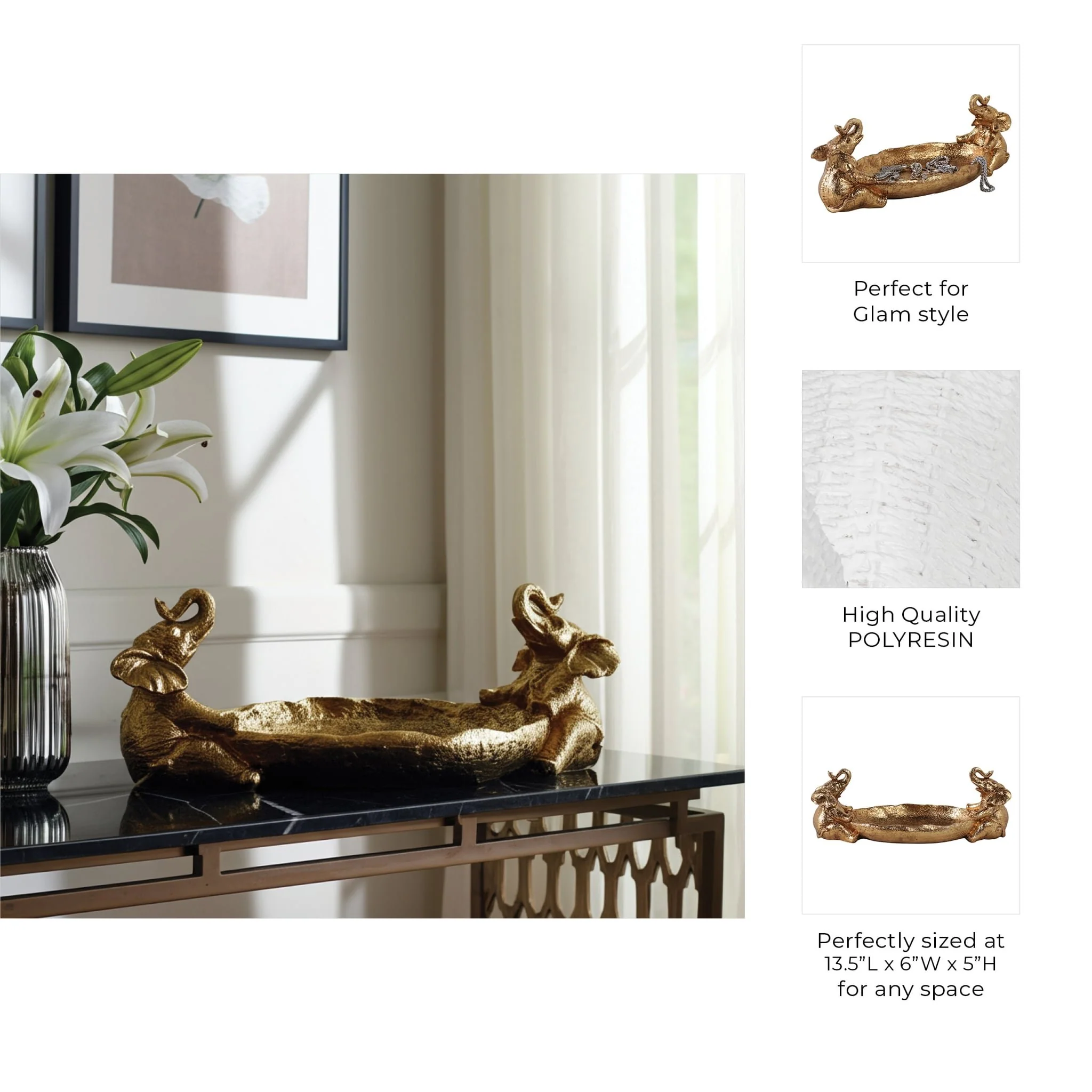 14x6" 2 Elephants Holding Bowl, Gold - Image 9