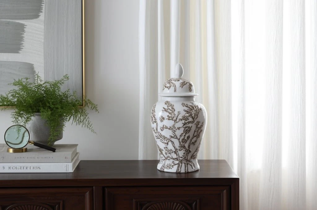 14x7" Cherry Blossom Temple Jar, White/ Brown - Image 11
