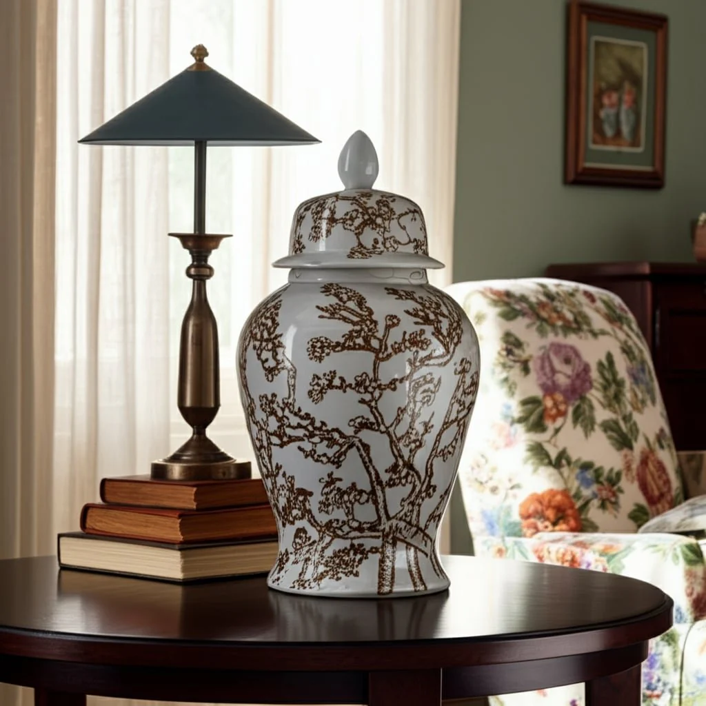 14x7" Cherry Blossom Temple Jar, White/ Brown - Image 12