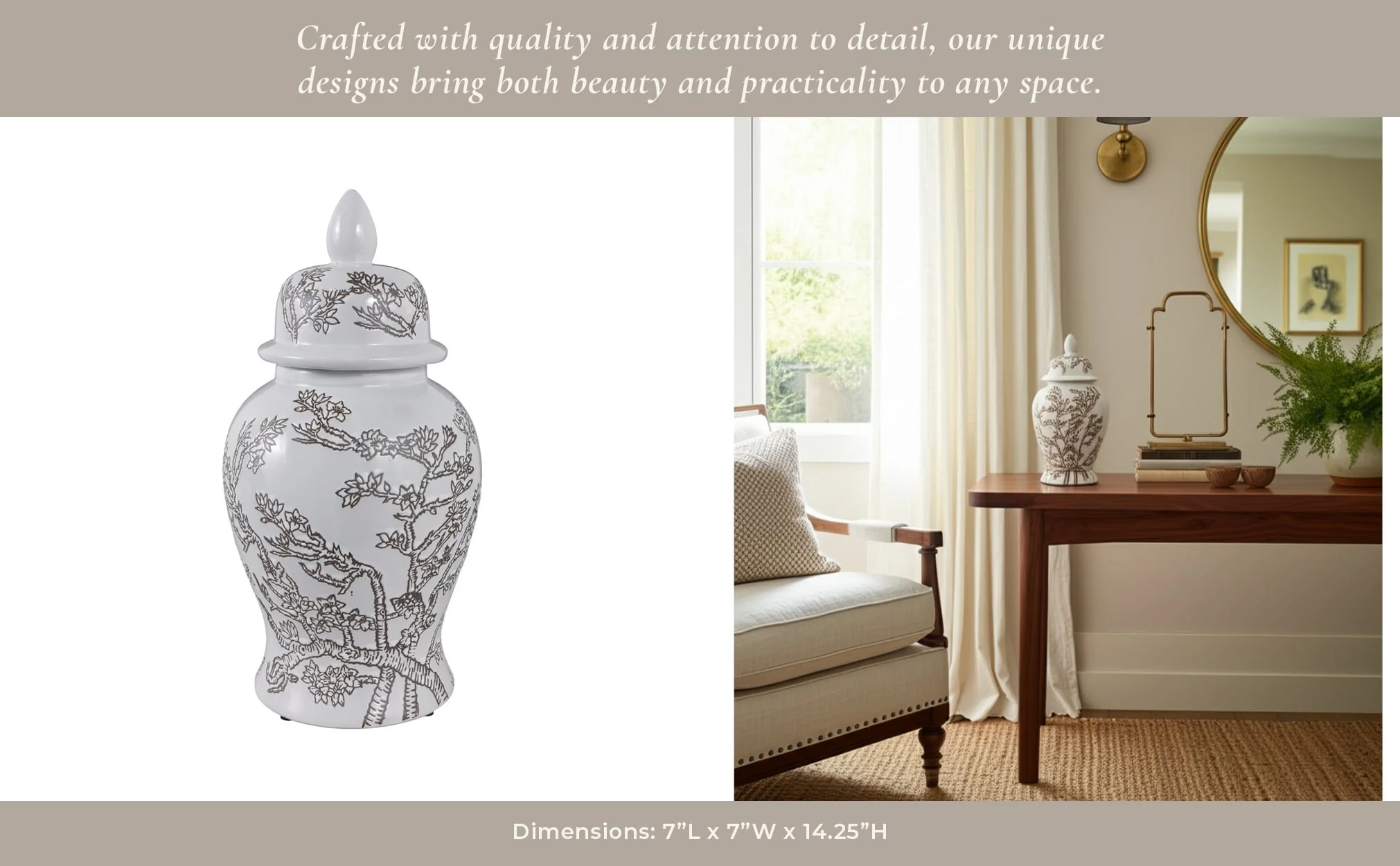 14x7" Cherry Blossom Temple Jar, White/ Brown - Image 14