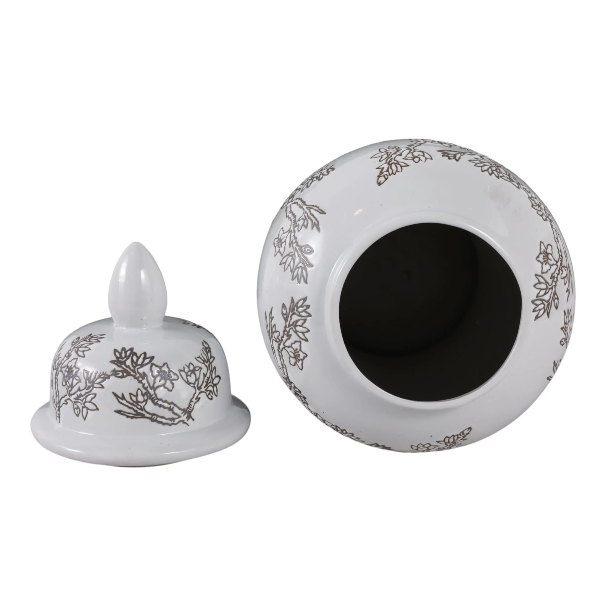 14x7" Cherry Blossom Temple Jar, White/ Brown - Image 6