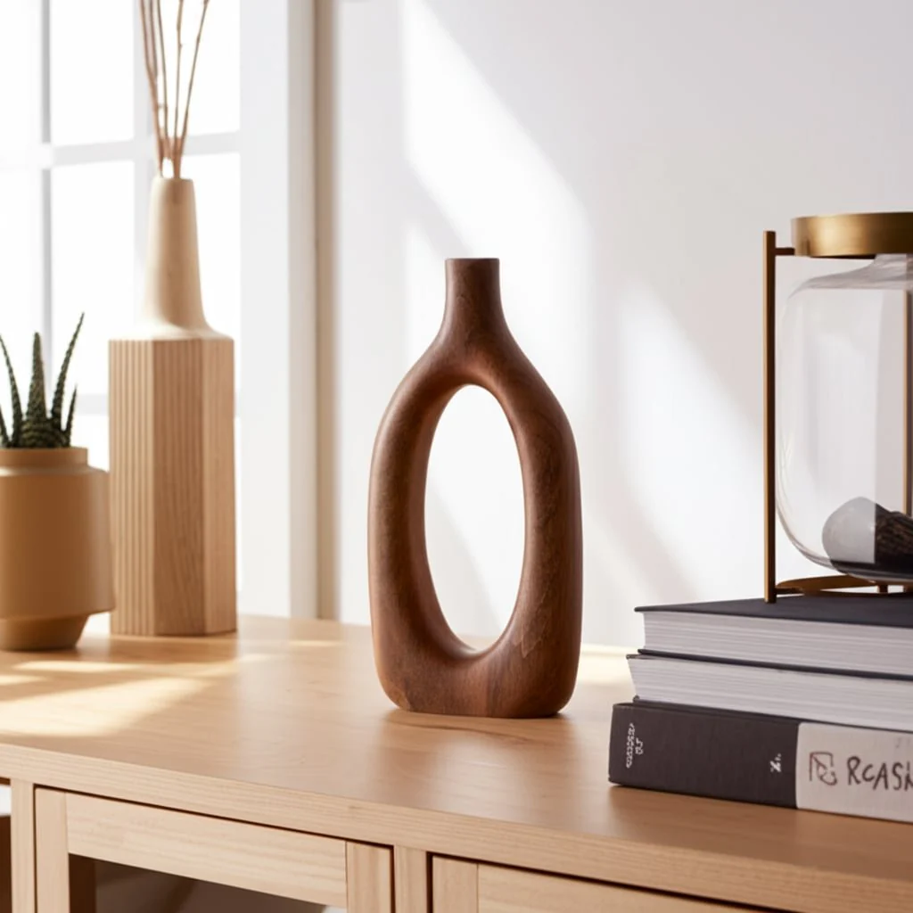 14x7" Open Cut-out Wood Vase, Natural - Image 14