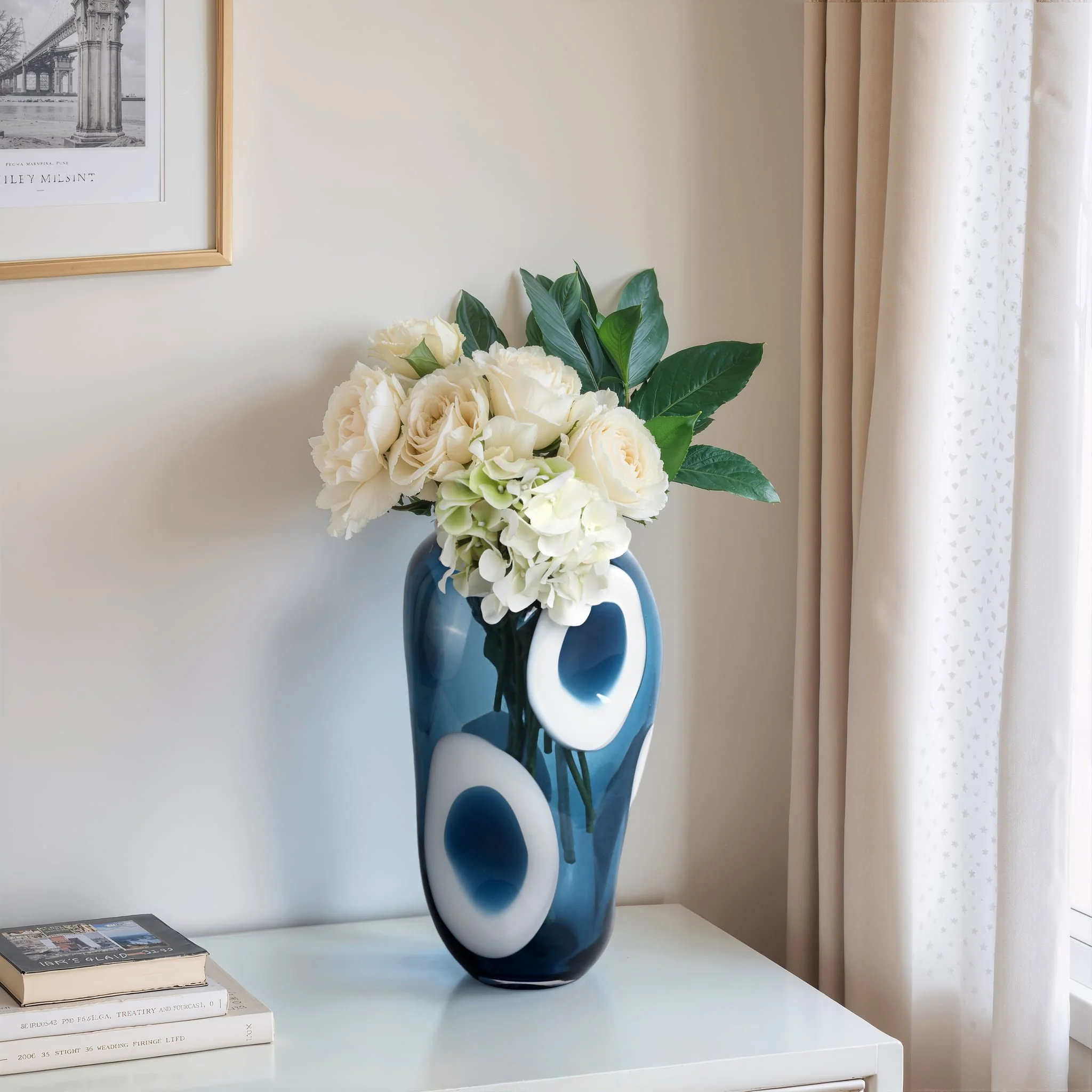 14x8" Curvy Polka Dot Glass Vase, Blue/white - Image 10
