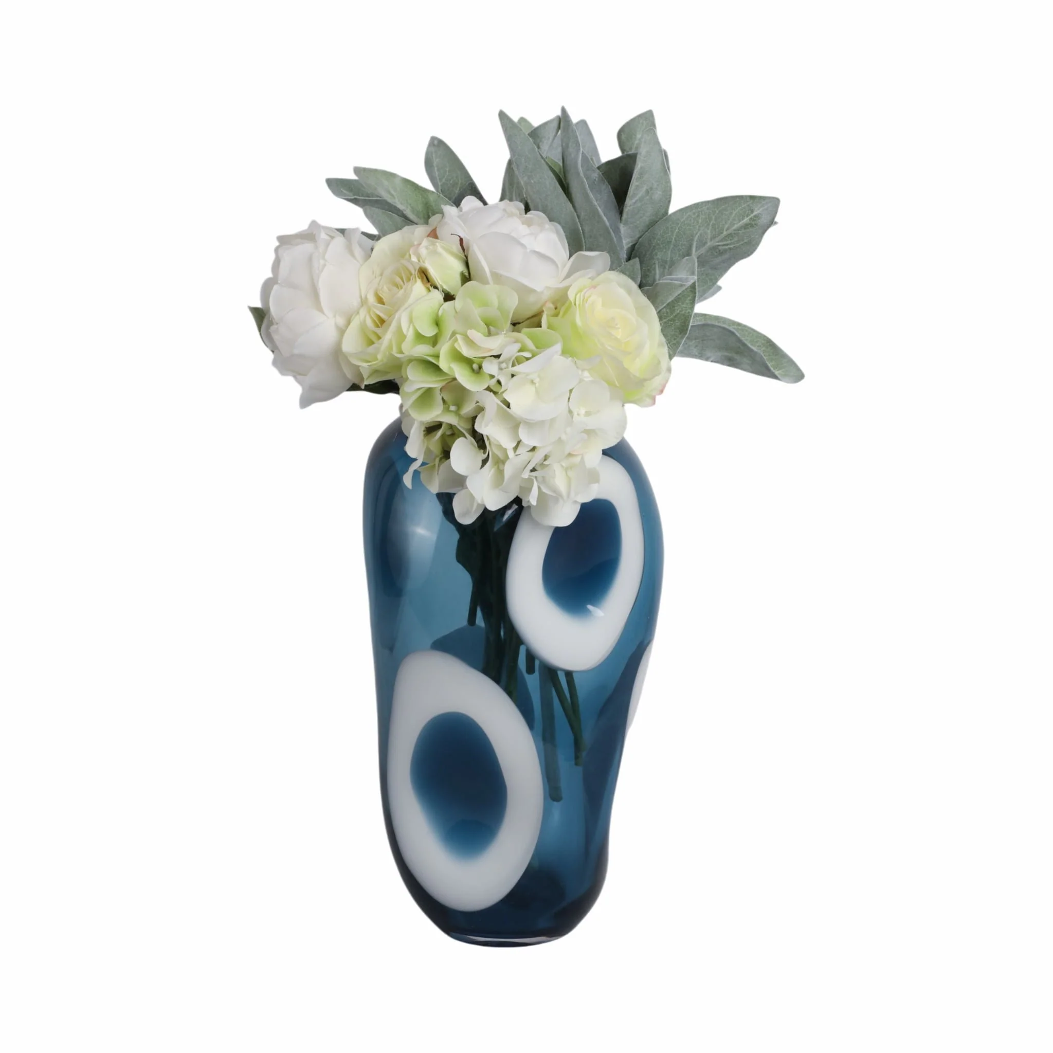 14x8" Curvy Polka Dot Glass Vase, Blue/white - Image 2