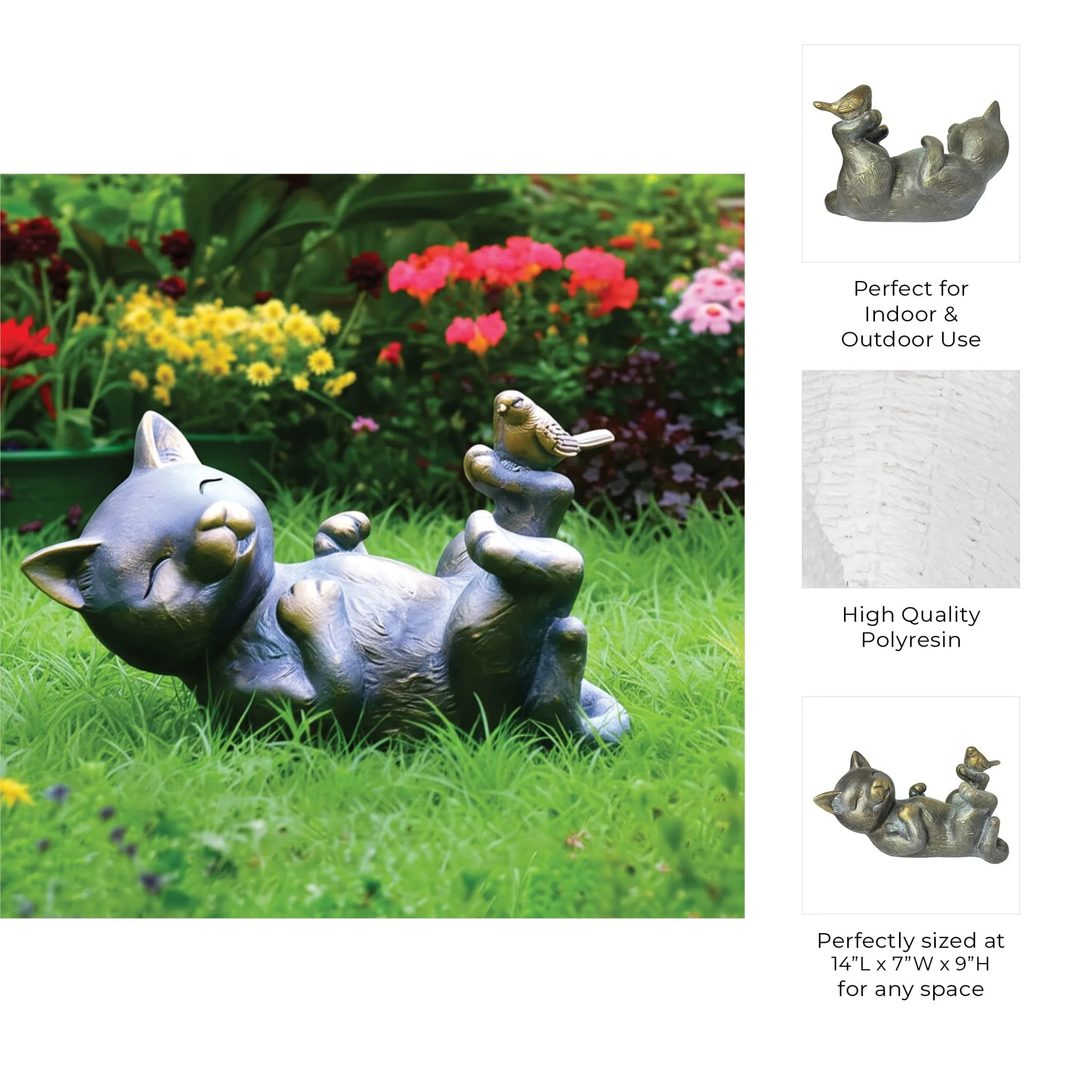14x9" Playful Kitty With Bird, Bronze - Image 9