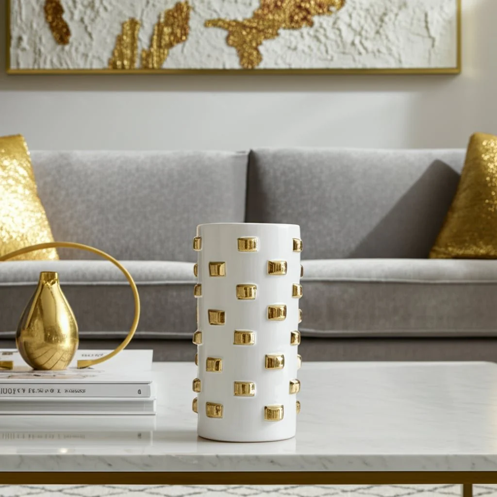 15" Cylinder Vase, White/gold - Image 12