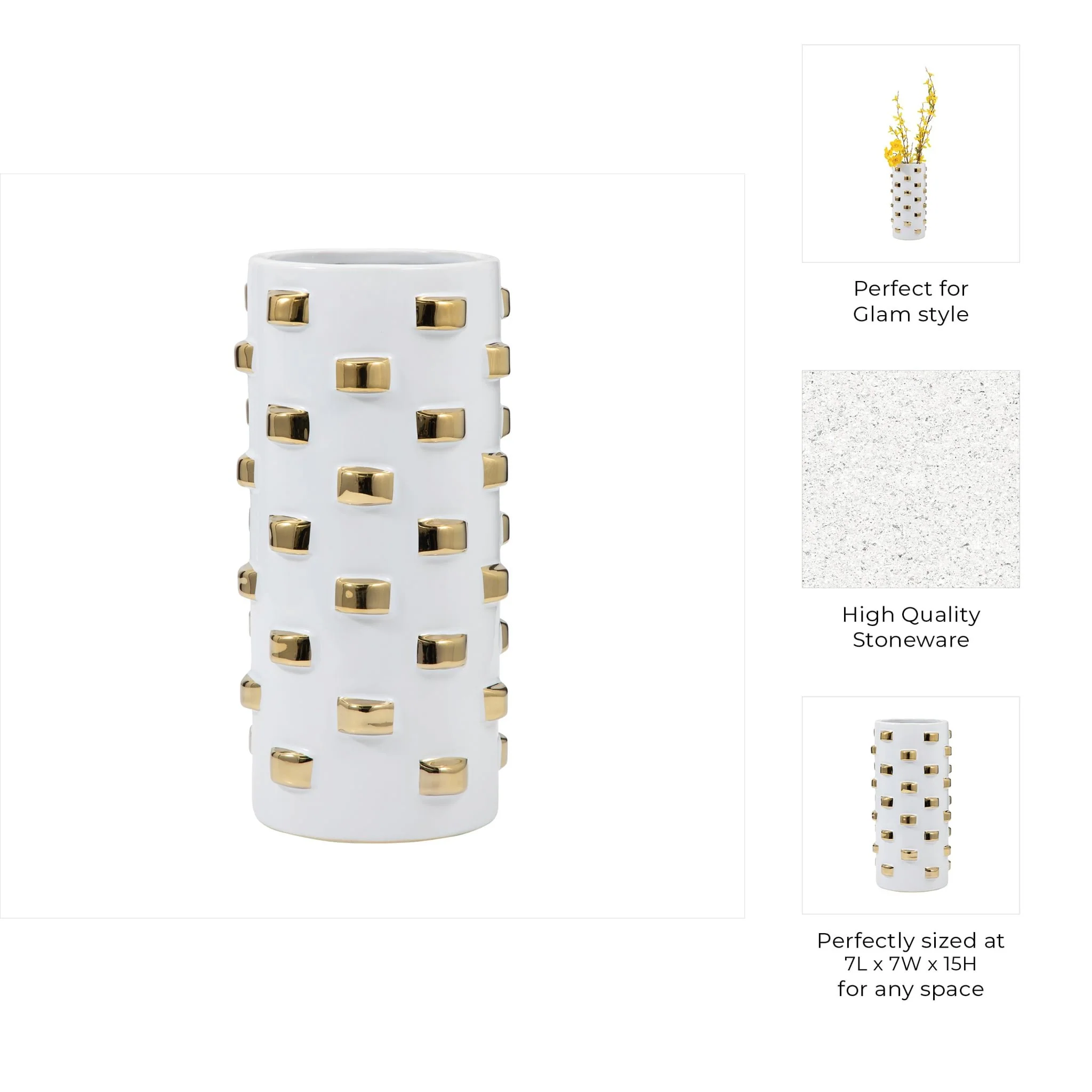 15" Cylinder Vase, White/gold - Image 8