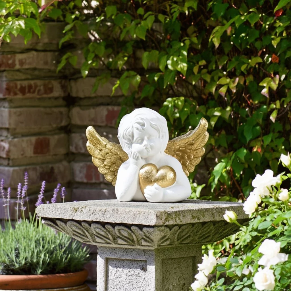 15" Garden Cherub With Heart, White/gold - Image 10
