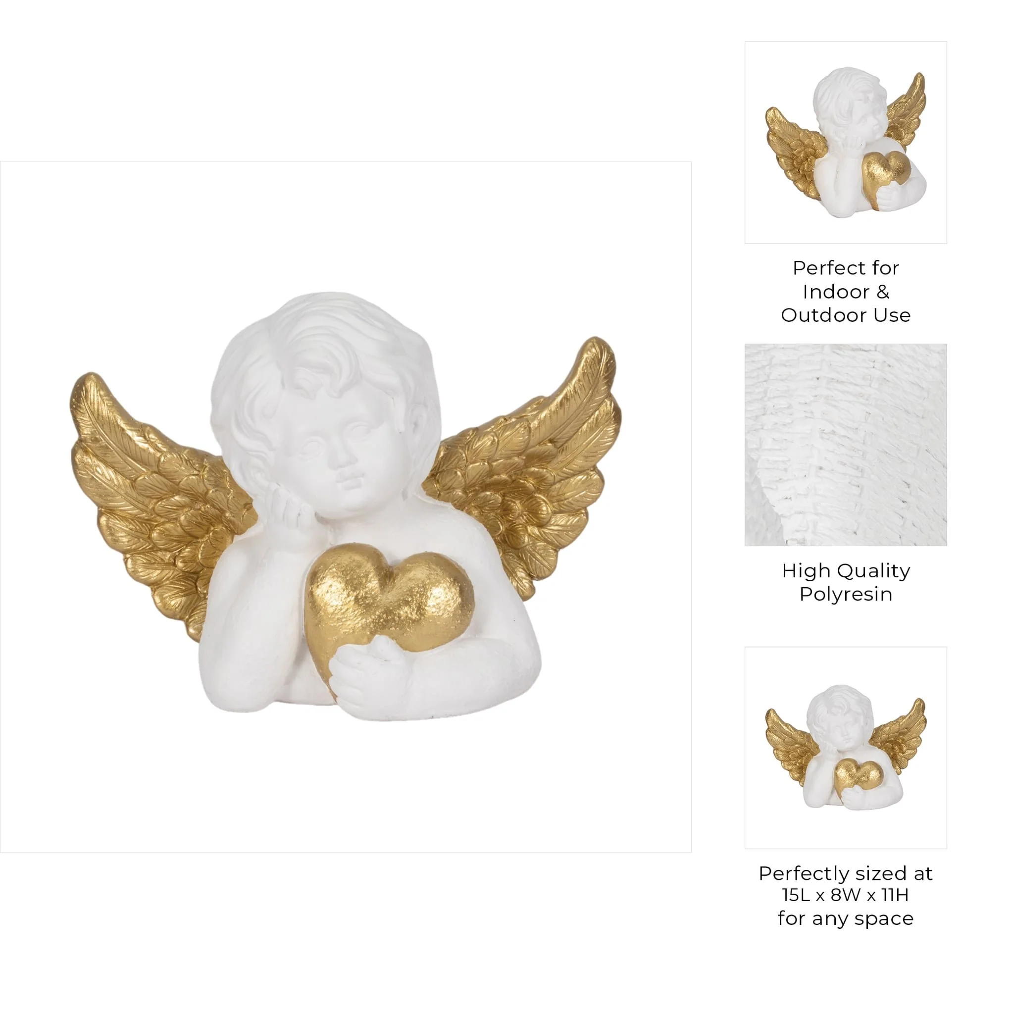 15" Garden Cherub With Heart, White/gold - Image 9