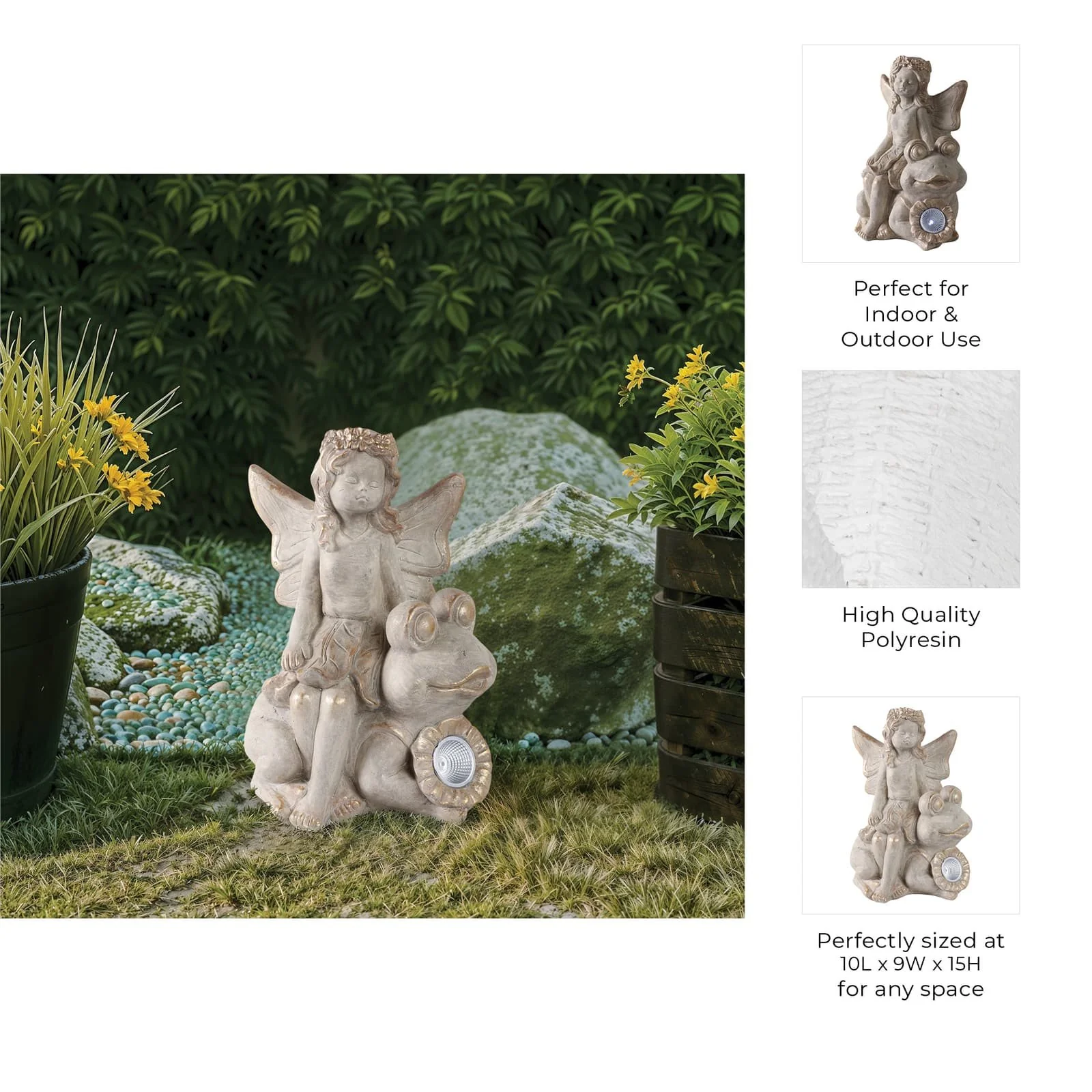 15" Garden Fairy On Solar Frog, Ivory - Image 9