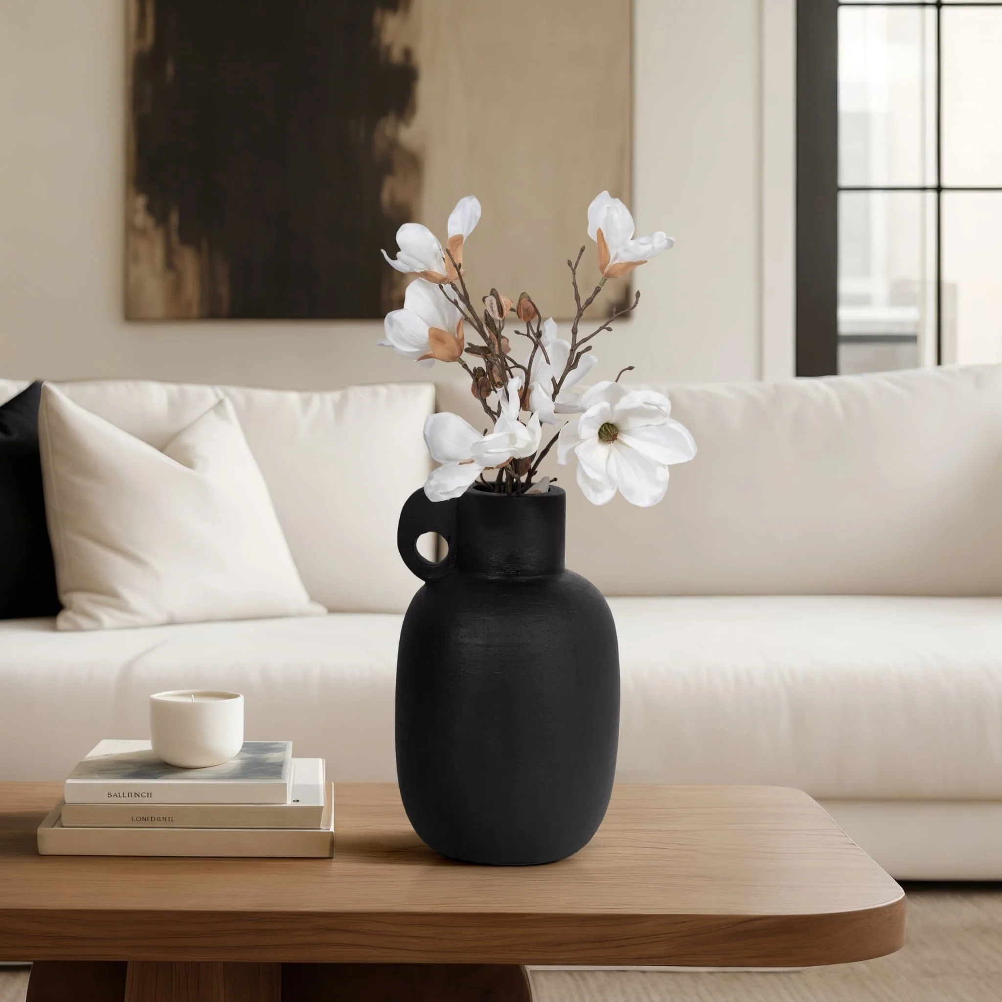 15" Modern Terracotta Jug Vase W/handle, Black - Image 11