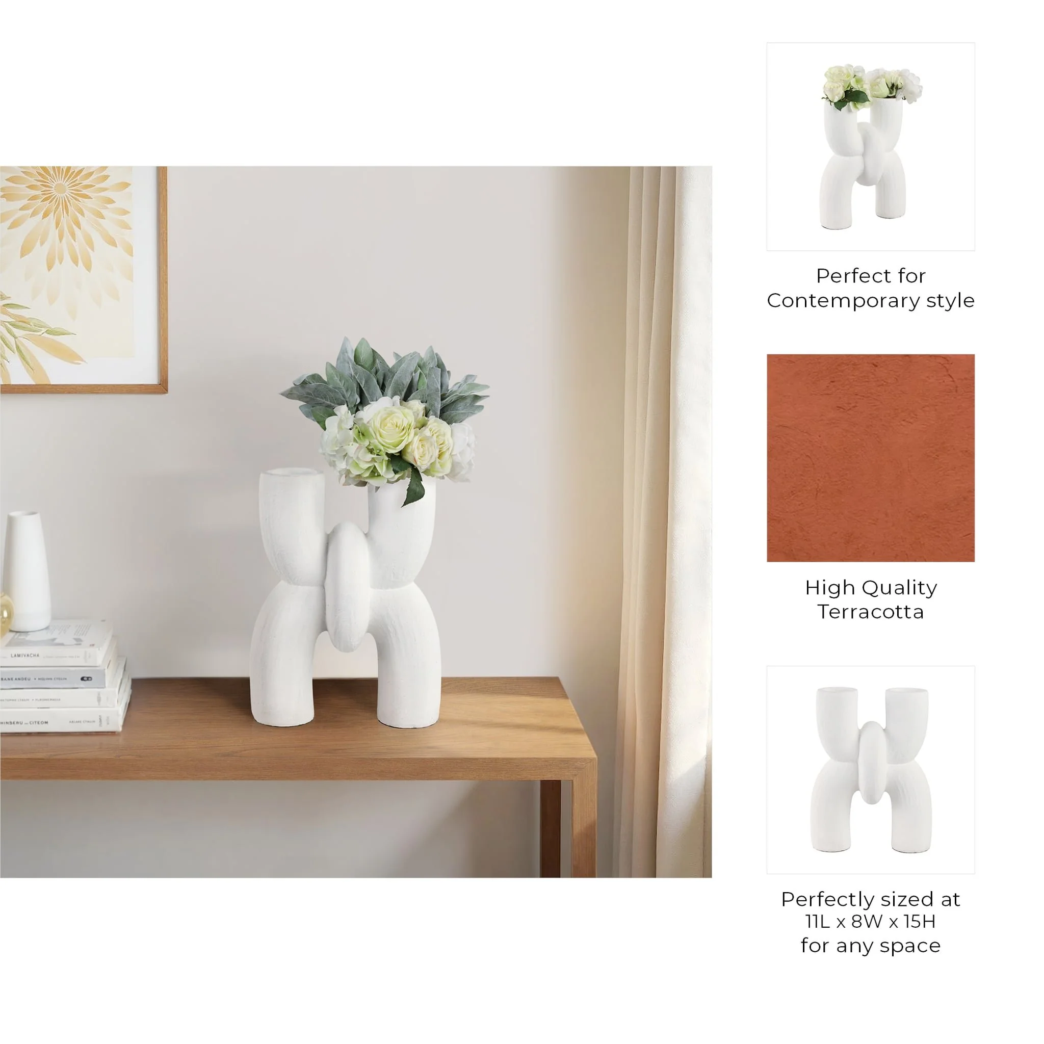 15" Modern X Shape Terracotta Vase, White - Image 9
