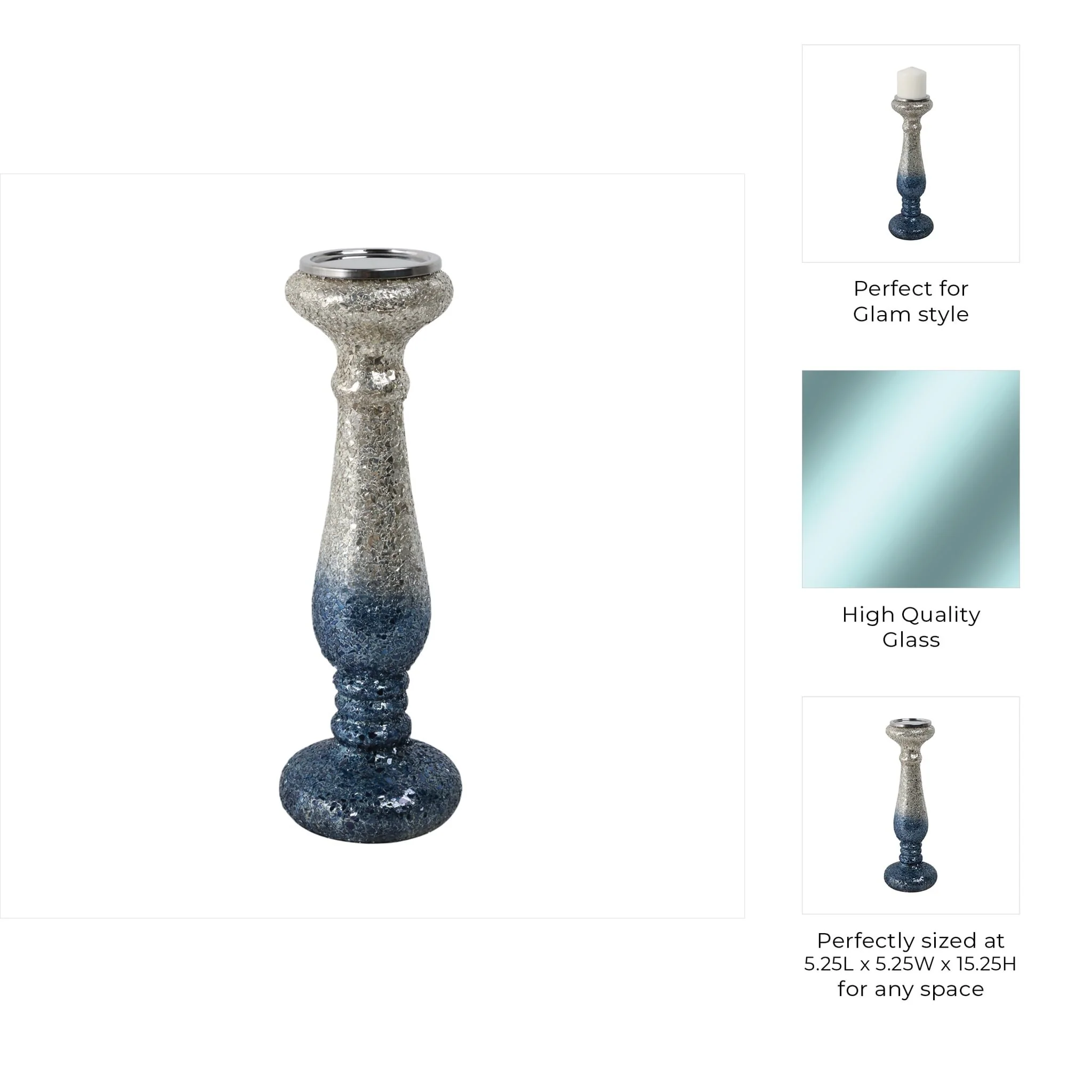 15" Silver Blue, Crackled Candle Holder - Image 9