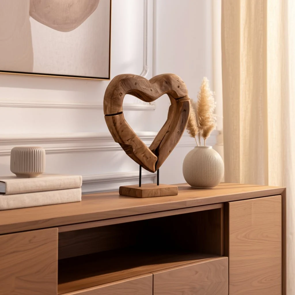 15x12" Teak Wood Open Heart Sculpture, Brown - Image 10