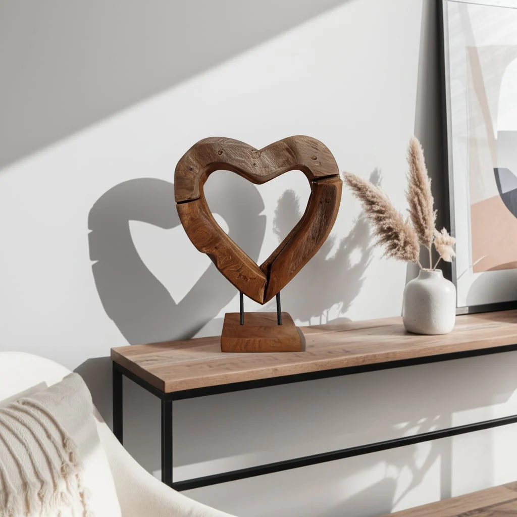 15x12" Teak Wood Open Heart Sculpture, Brown - Image 9
