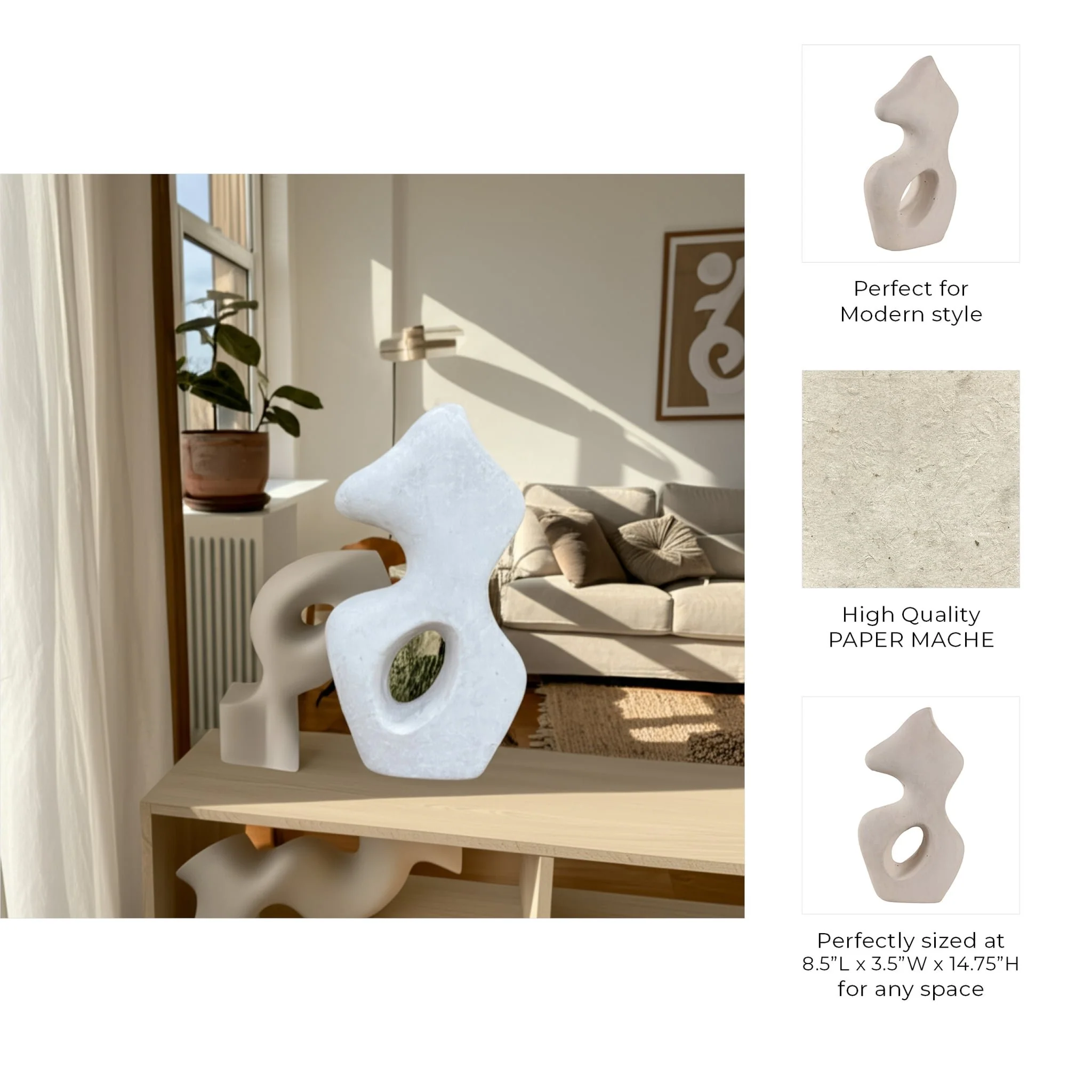 15x8" Paper Mache Squiggle Sculpture, White - Image 9