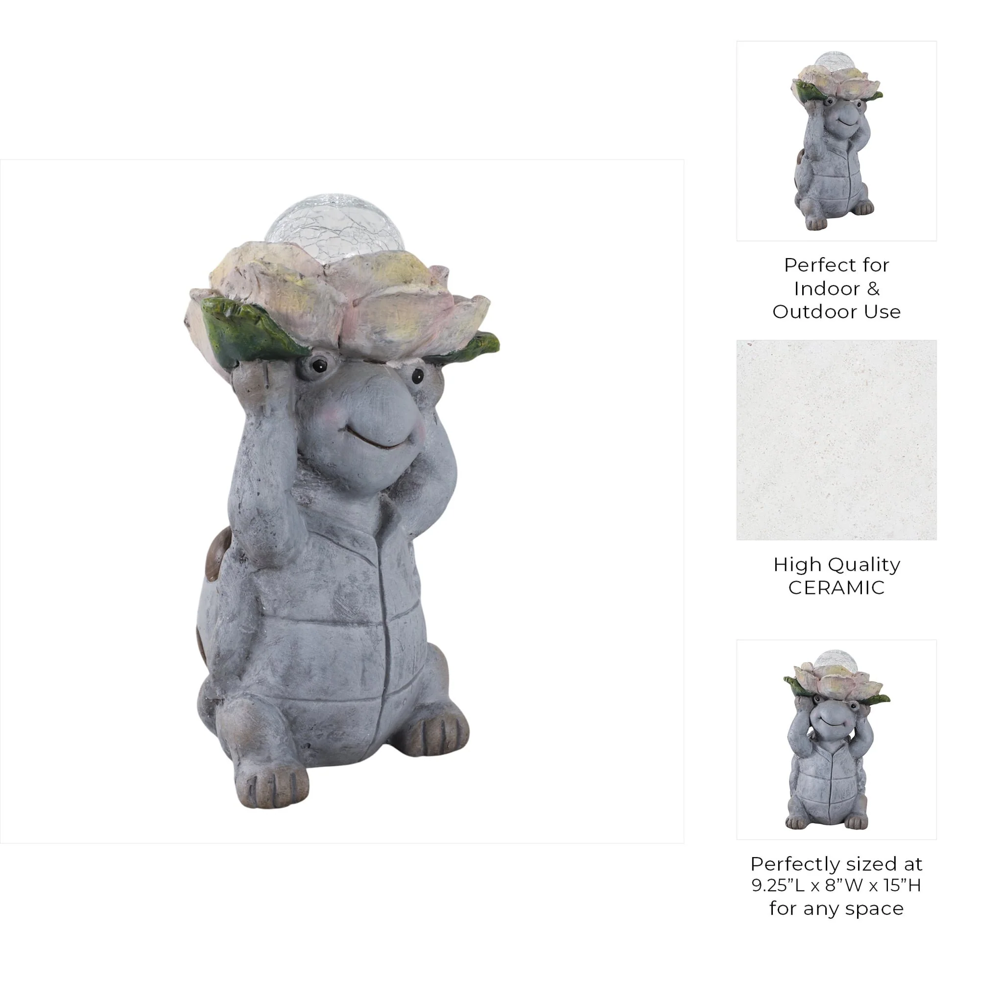 15x9" Turtle Holding Large Solar Flower, Grey Mult - Image 9