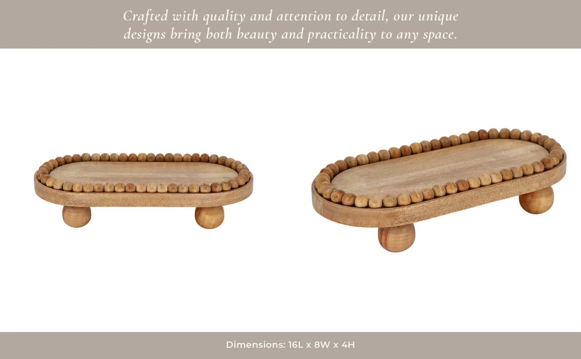 16" Beaded Oval Tray With Ball Feet, Natural - Image 12
