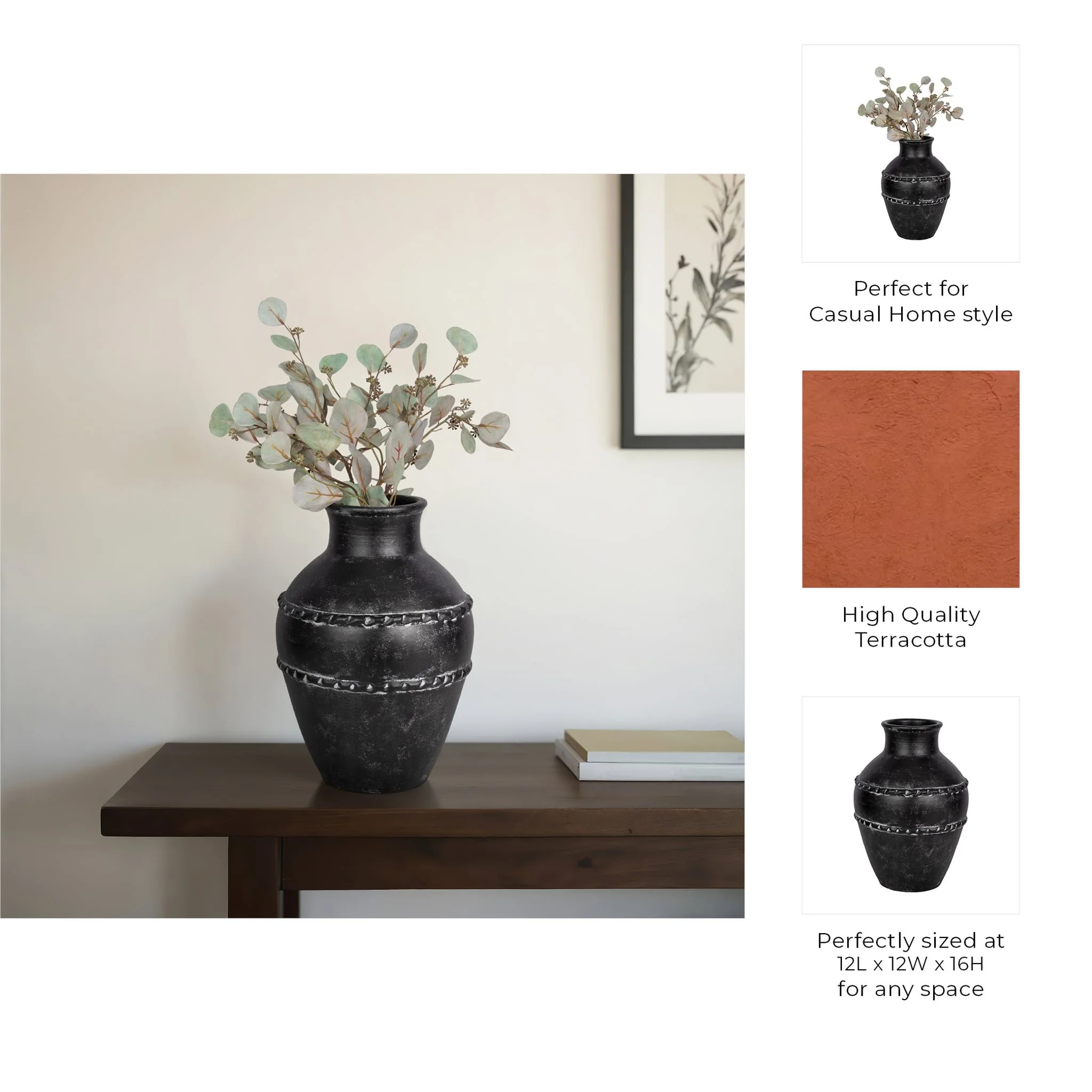 16" Traditional Terracotta Vase, Black - Image 9