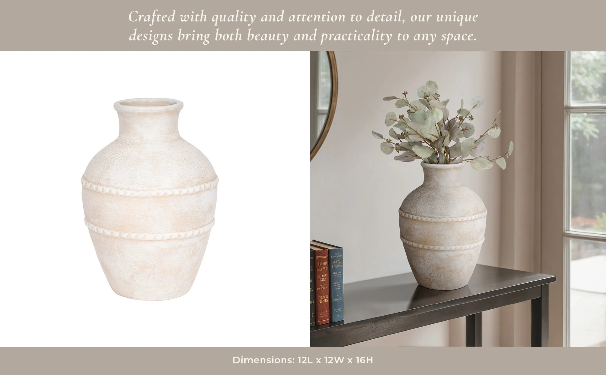 16" Traditional Textured Terracotta Vase, Ivory - Image 11