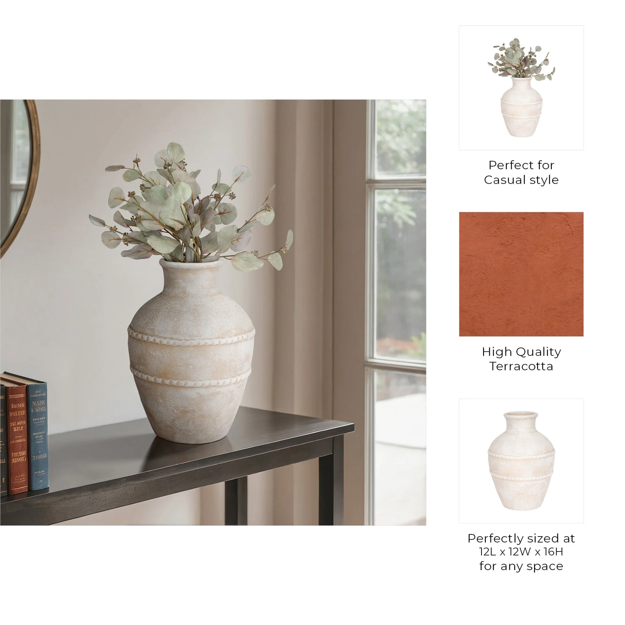 16" Traditional Textured Terracotta Vase, Ivory - Image 9