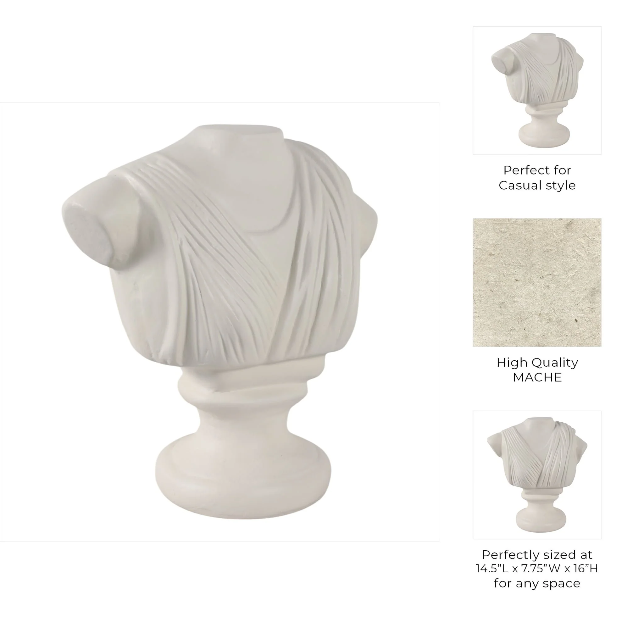 16x15" Paper Mache Bust, Ivory - Image 10