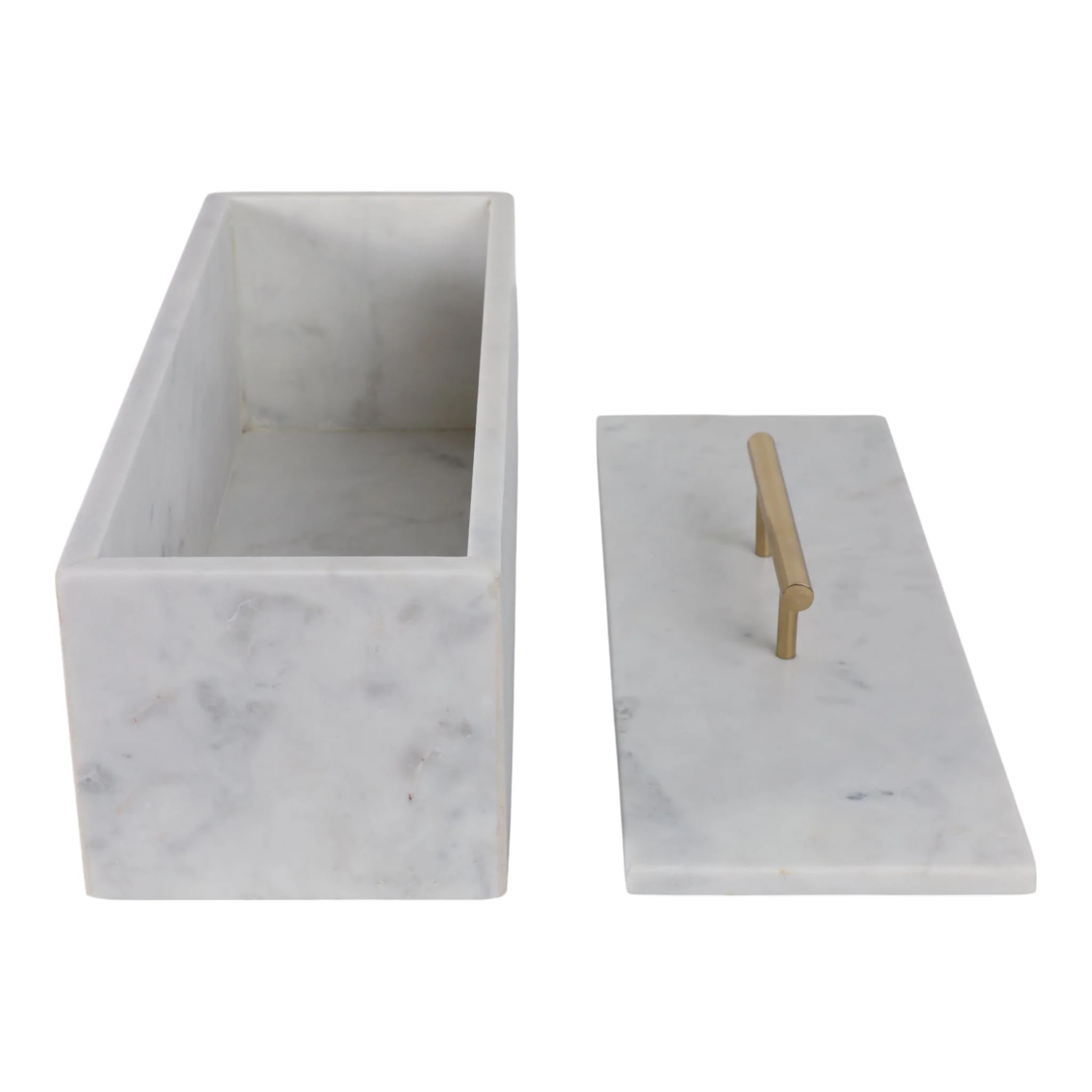 16x7" Marble Rectangular Box With Handle, White/go - Image 2