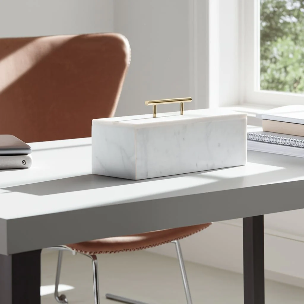 16x7" Marble Rectangular Box With Handle, White/go - Image 4