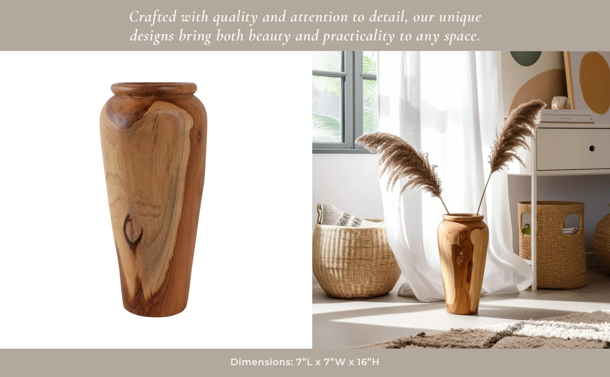 16x7" Teak Wood Vase, Brown - Image 11