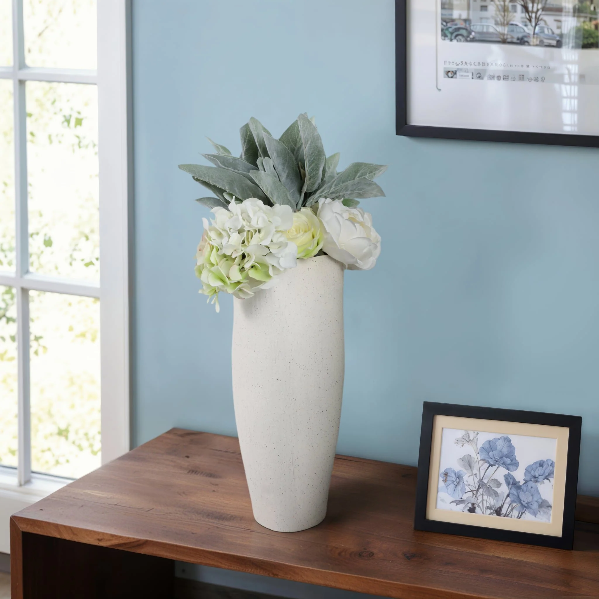 16x7" Textured Organic Vase Reactive Inside, White - Image 10