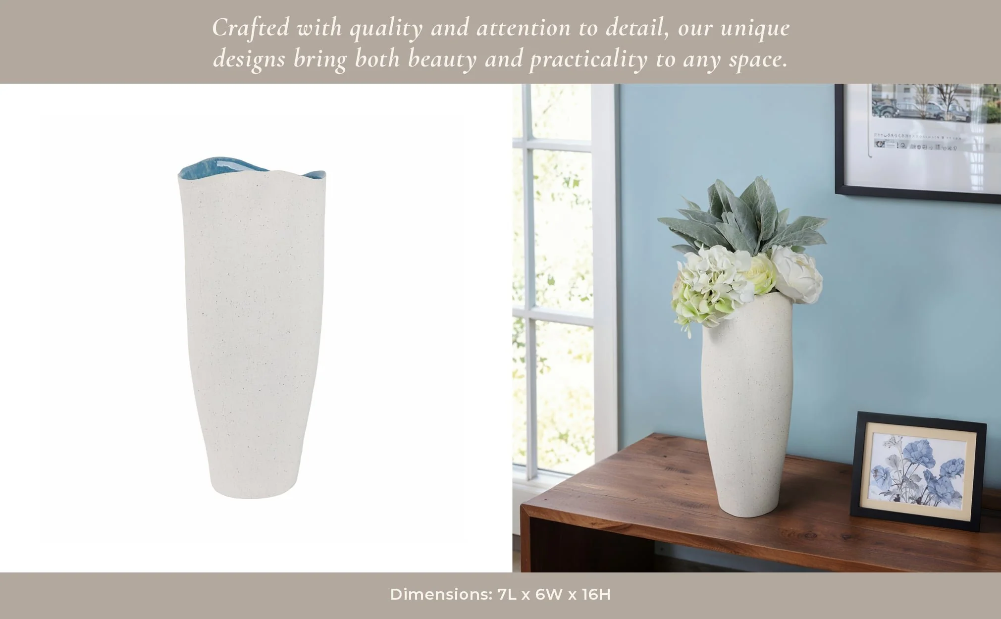16x7" Textured Organic Vase Reactive Inside, White - Image 11
