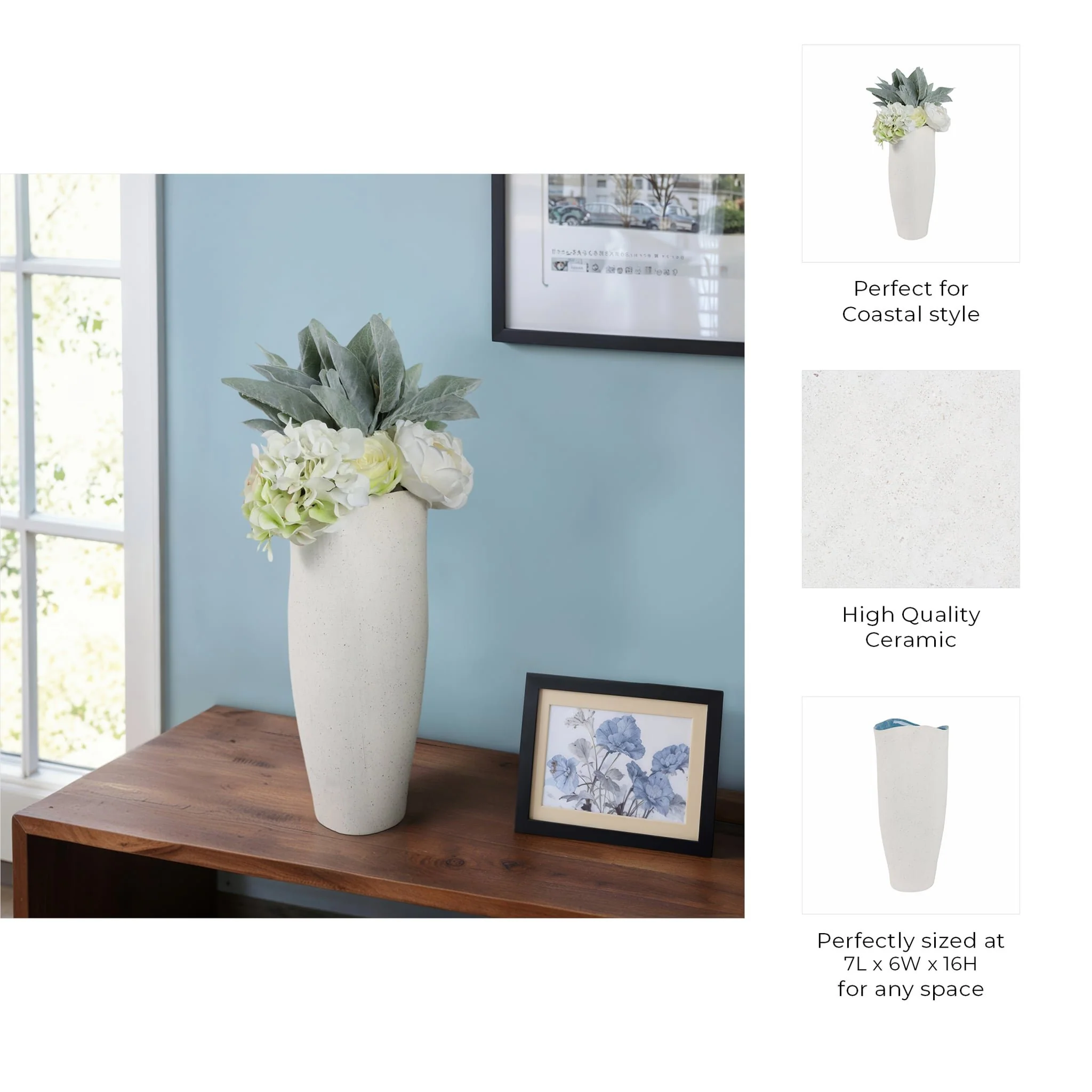 16x7" Textured Organic Vase Reactive Inside, White - Image 9