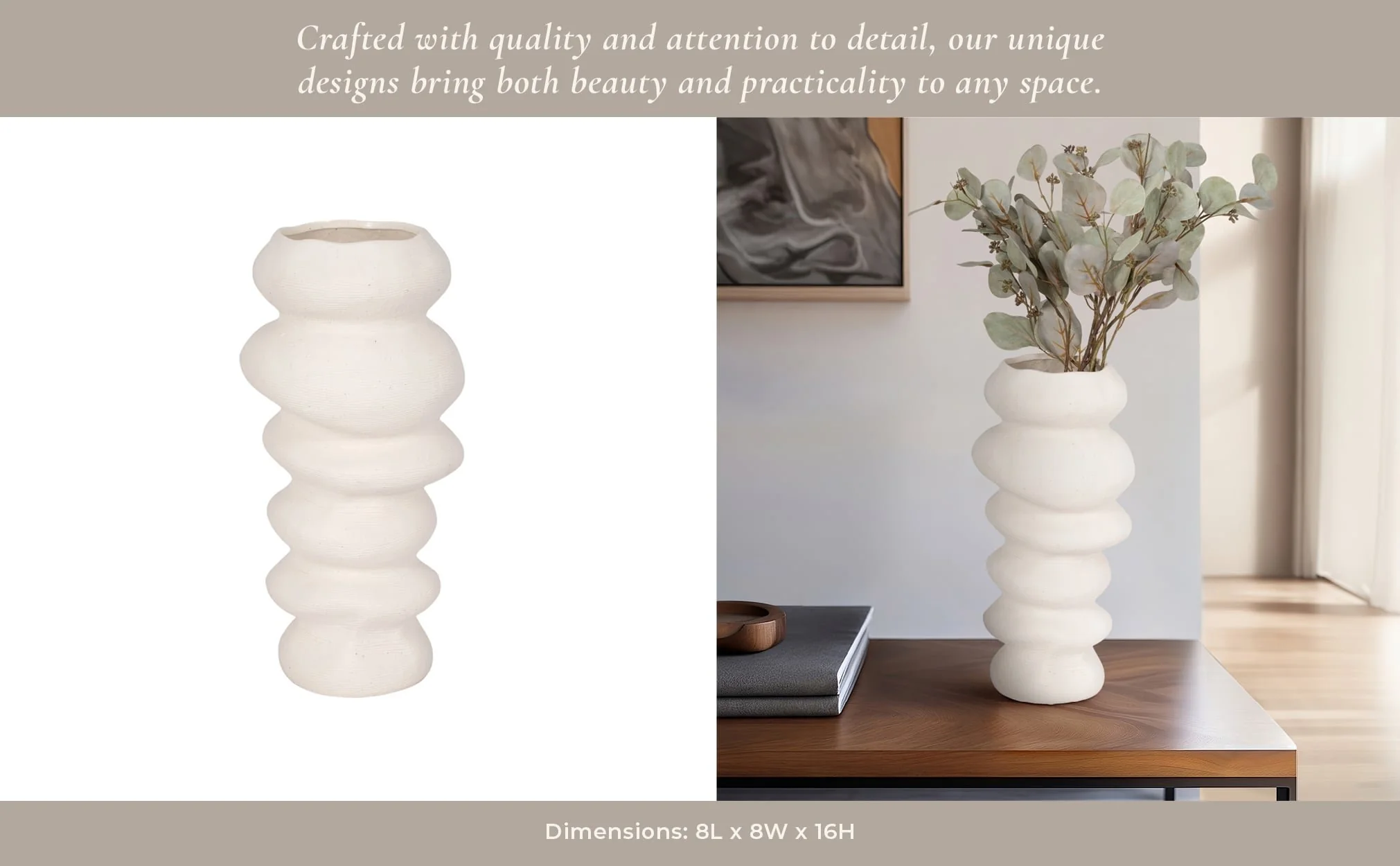 16x8" Hand Scribed Cairn Vase, White - Image 11