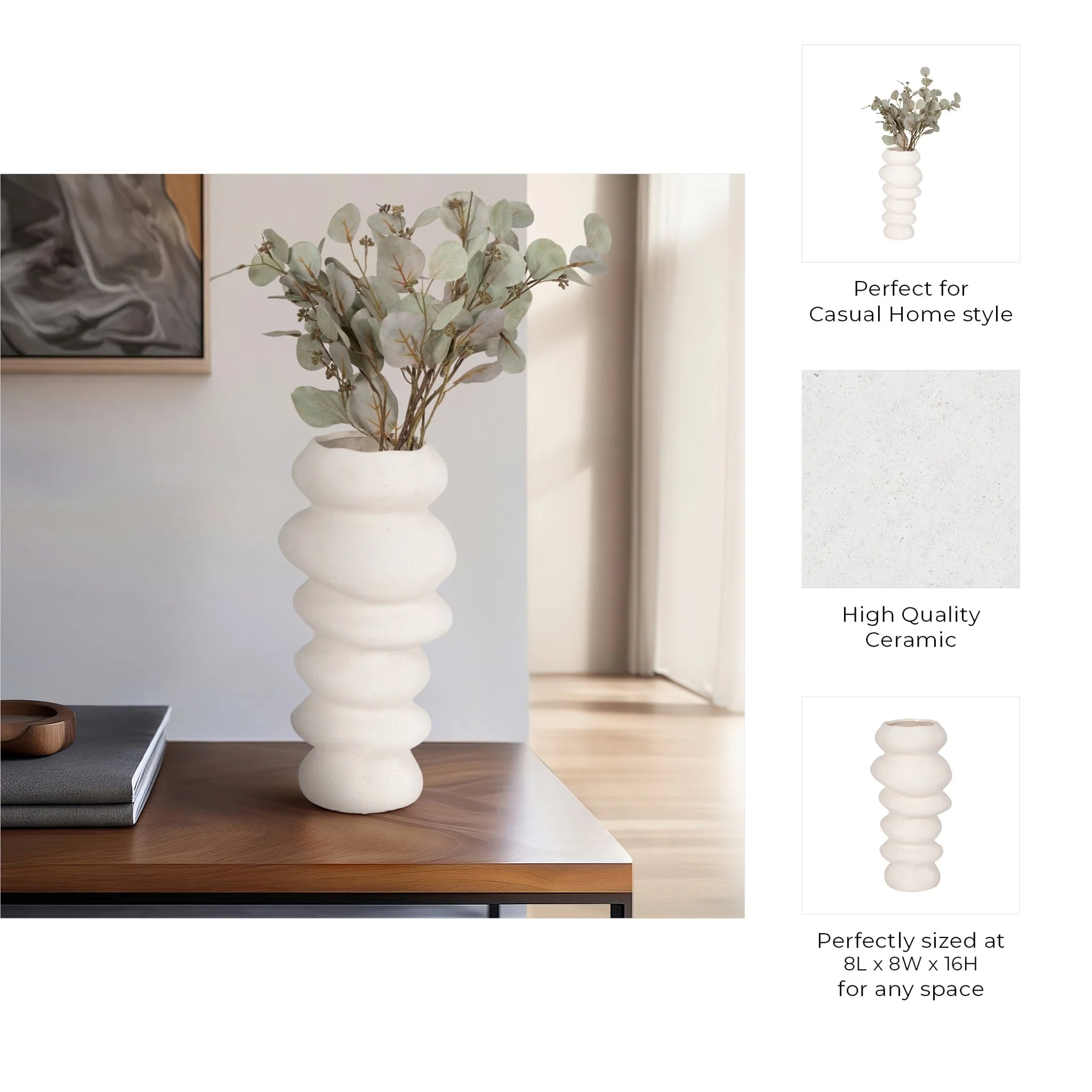 16x8" Hand Scribed Cairn Vase, White - Image 9