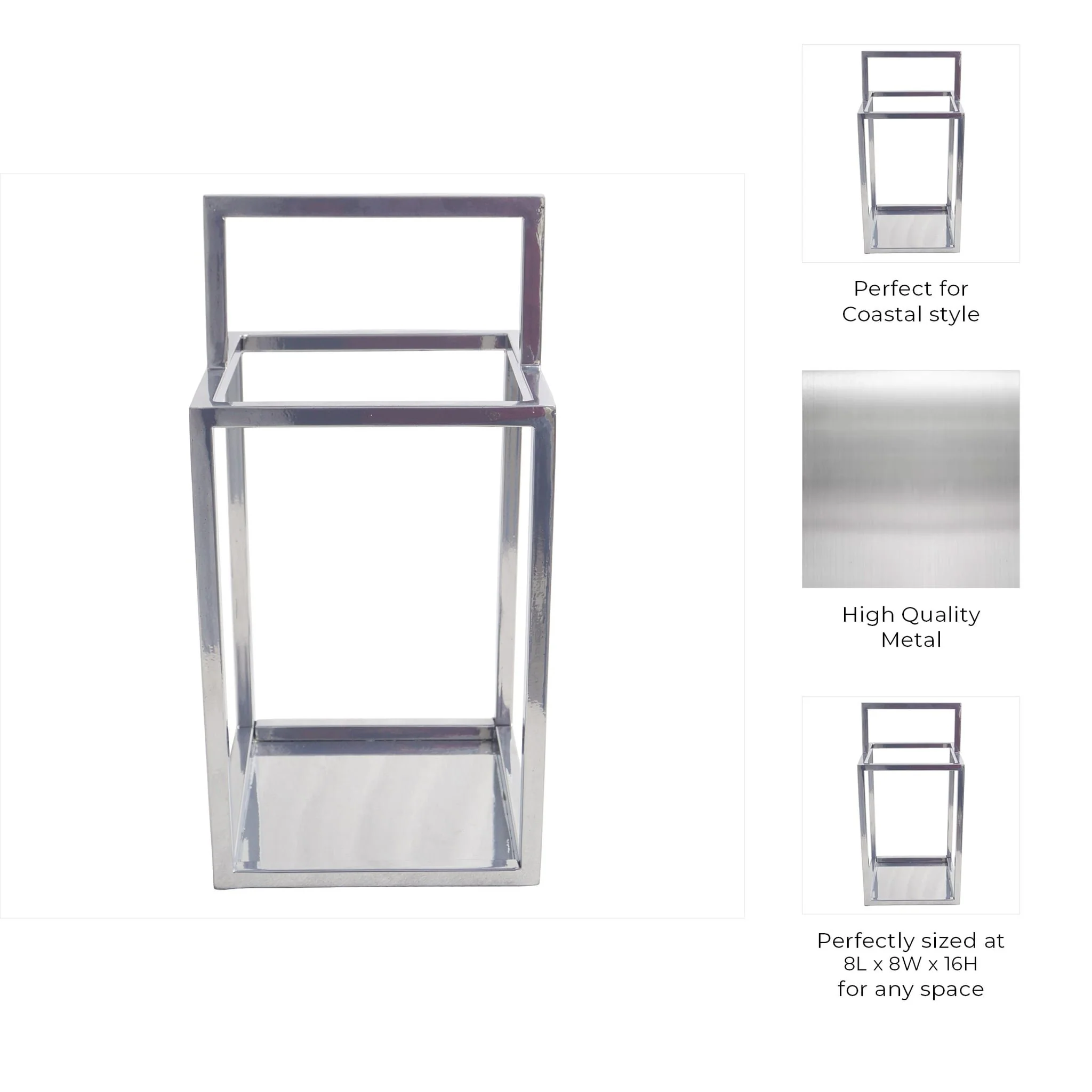 16x8" Squared Lantern With Handle, Silver - Image 3