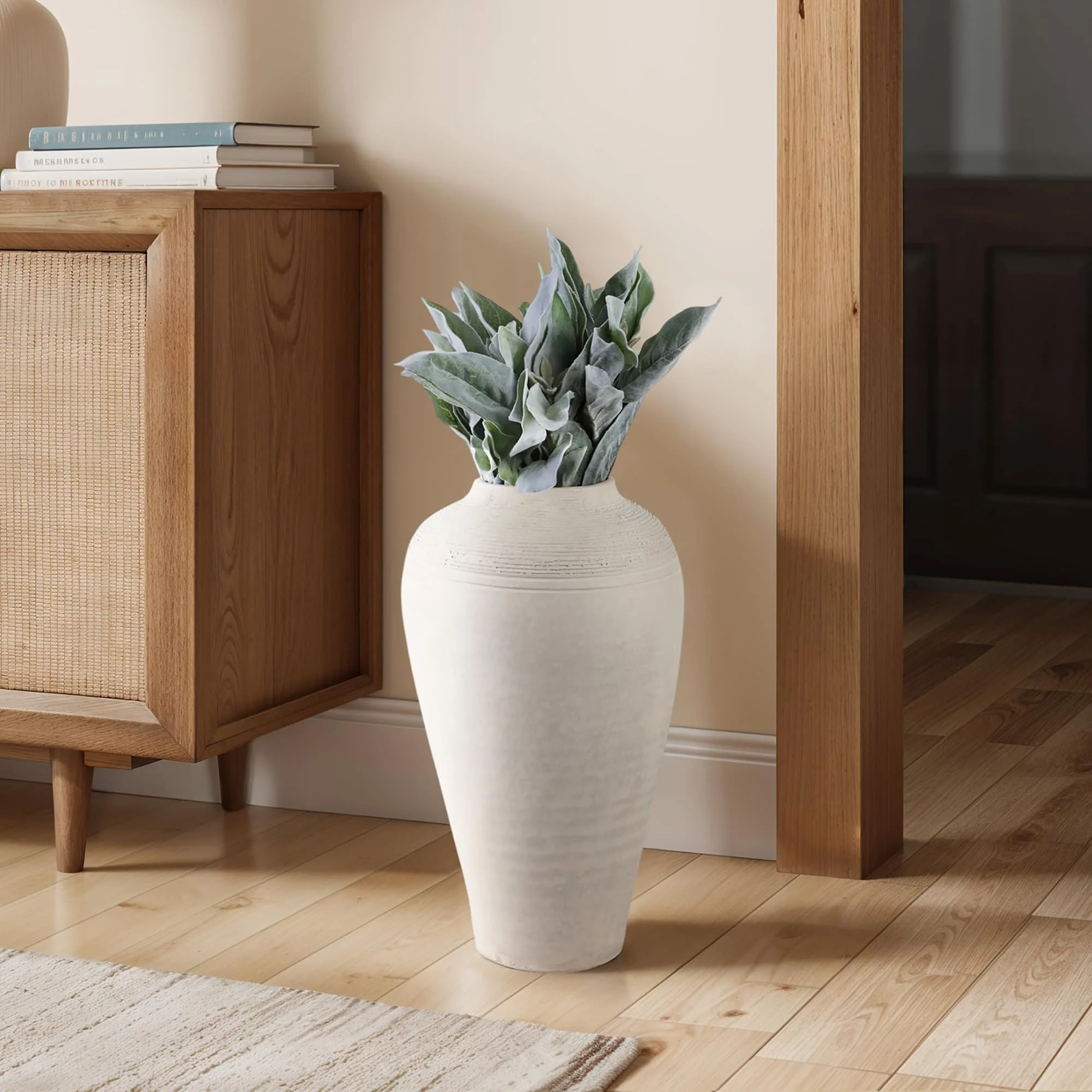 16x9" Paper Mache Ribbed Floor Vase, Ivory - Image 10