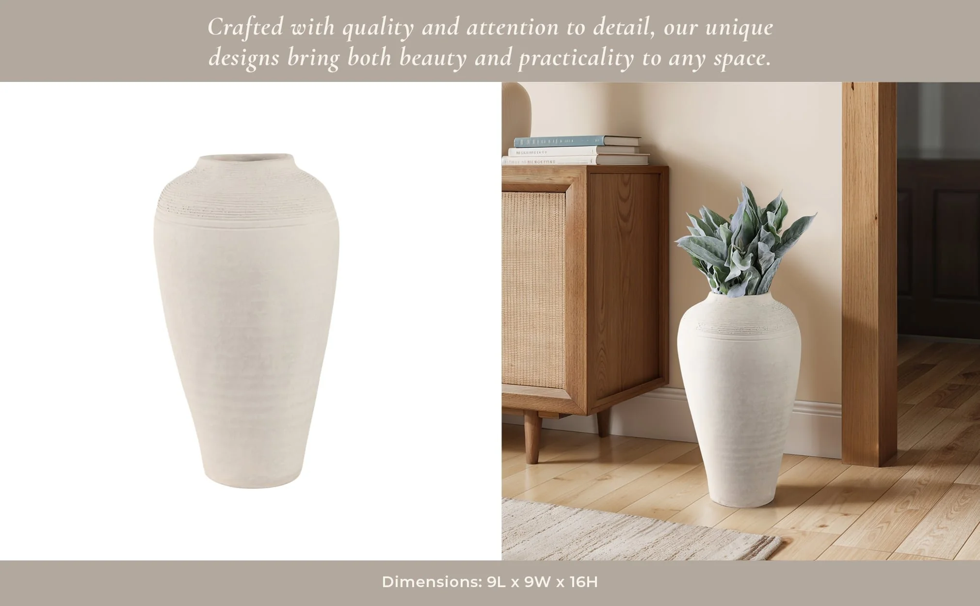 16x9" Paper Mache Ribbed Floor Vase, Ivory - Image 11