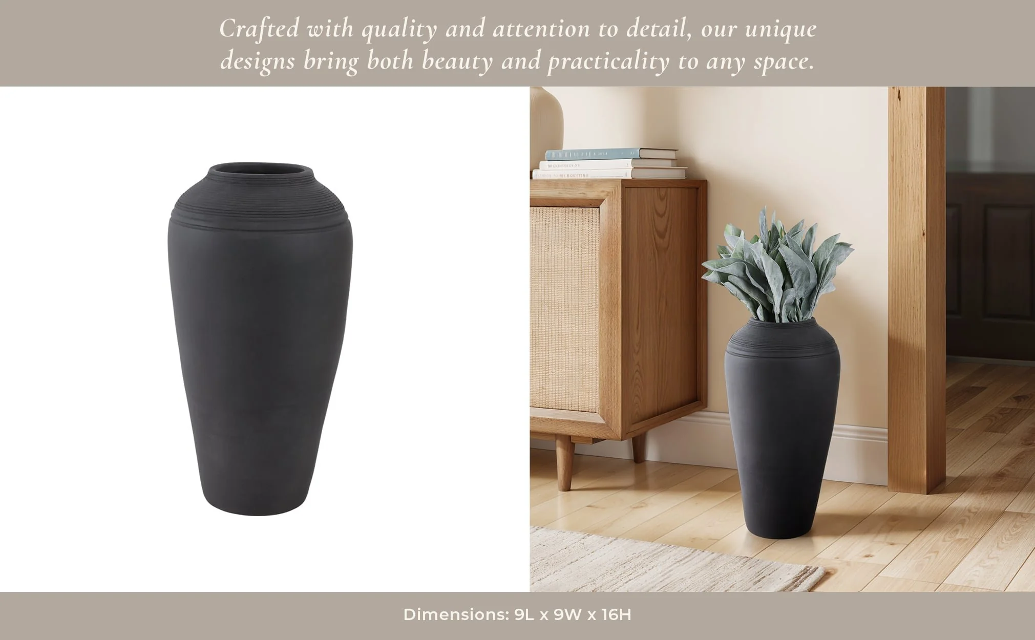 16x9" Terracotta Ribbed Floor Vase, Black - Image 12