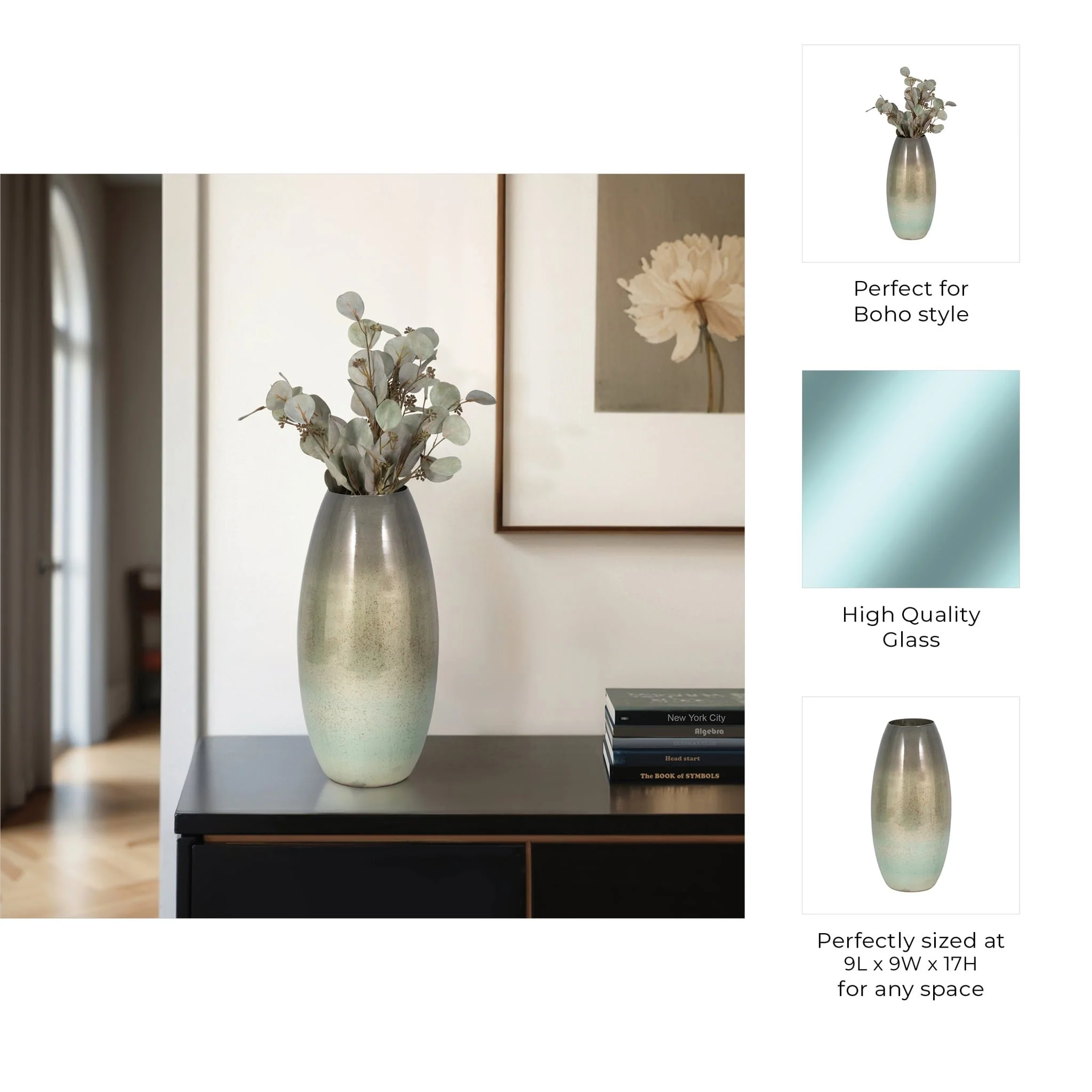 17" Curved Glass Vase Green Mercury Ombre, Multi - Image 9