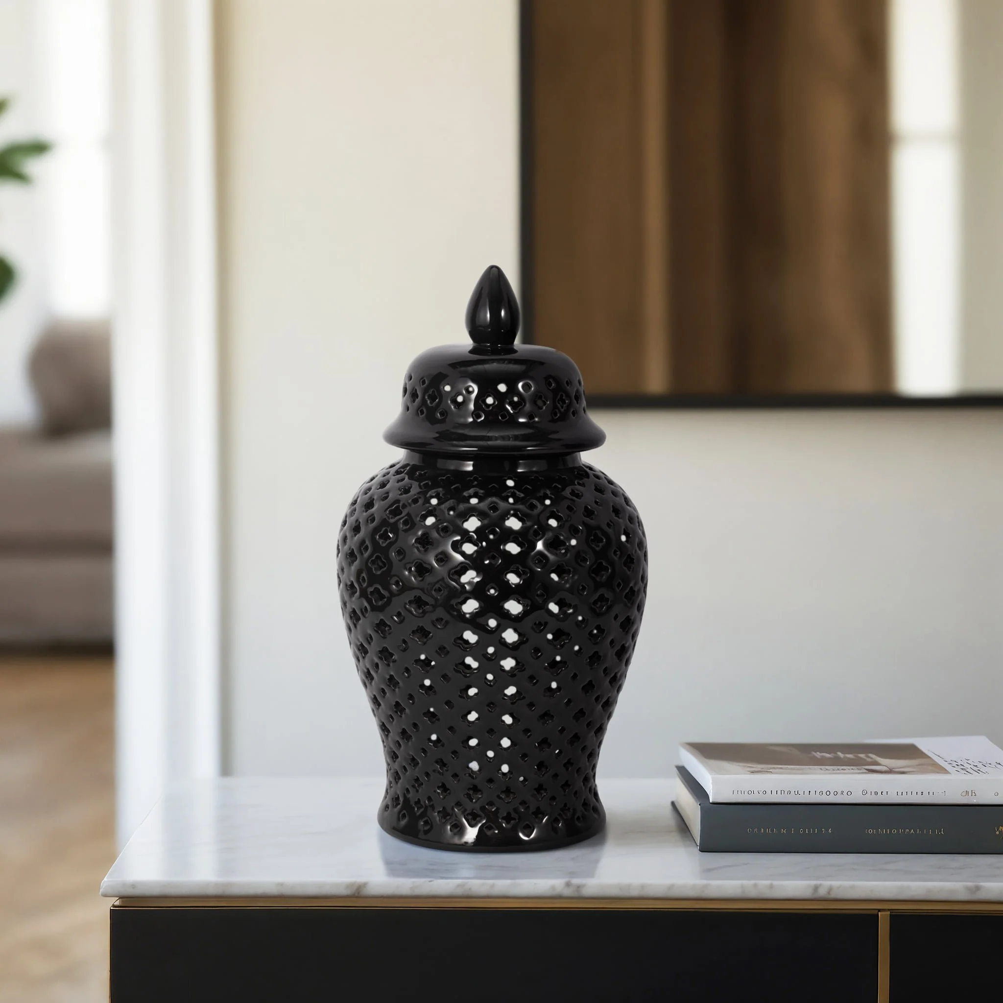 17" Cut-out Clover Temple Jar, Black - Image 10