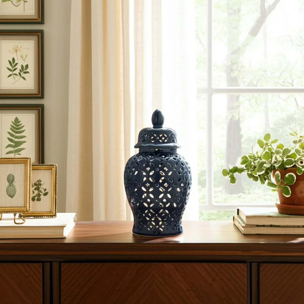 17" Cut-out Daisies Temple Jar, Navy Blue - Image 10