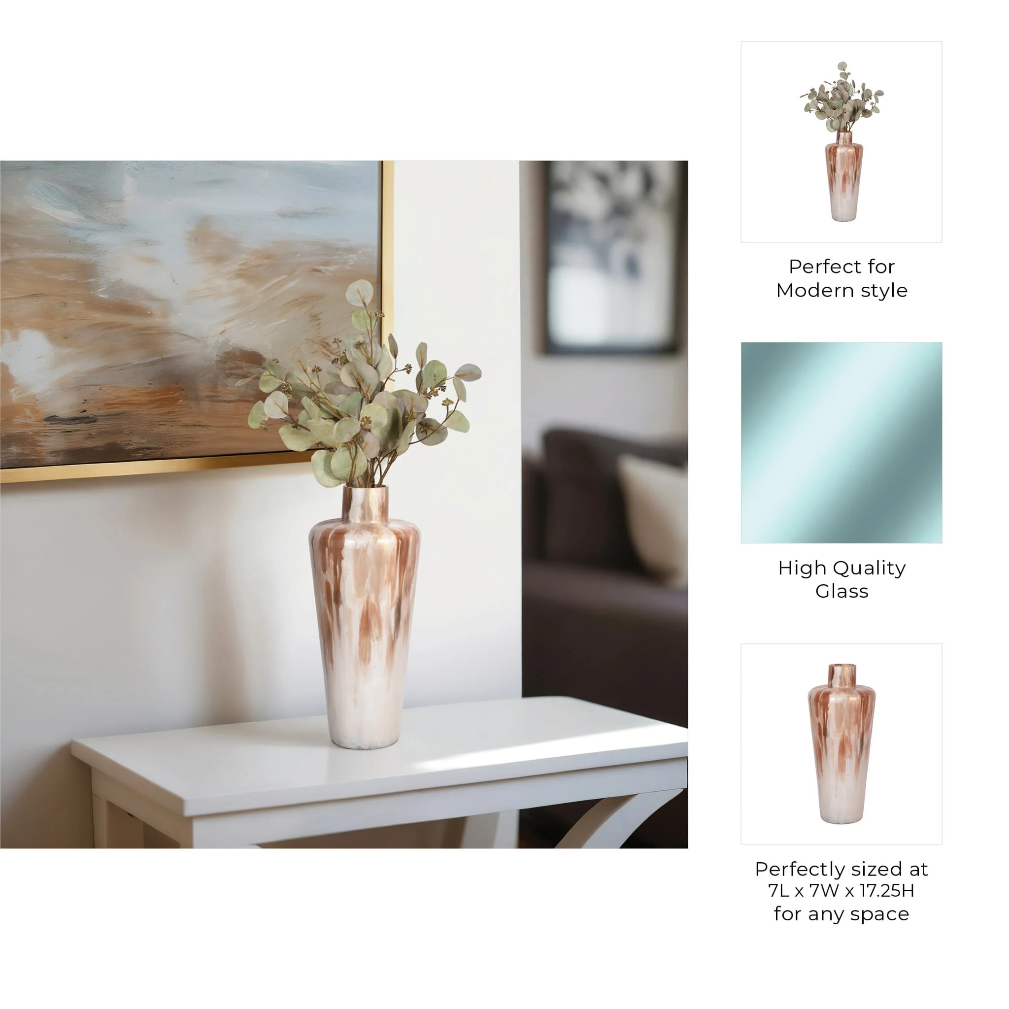 17" Nude Drip Finish Glass Floor Vase, Tan Multi - Image 9